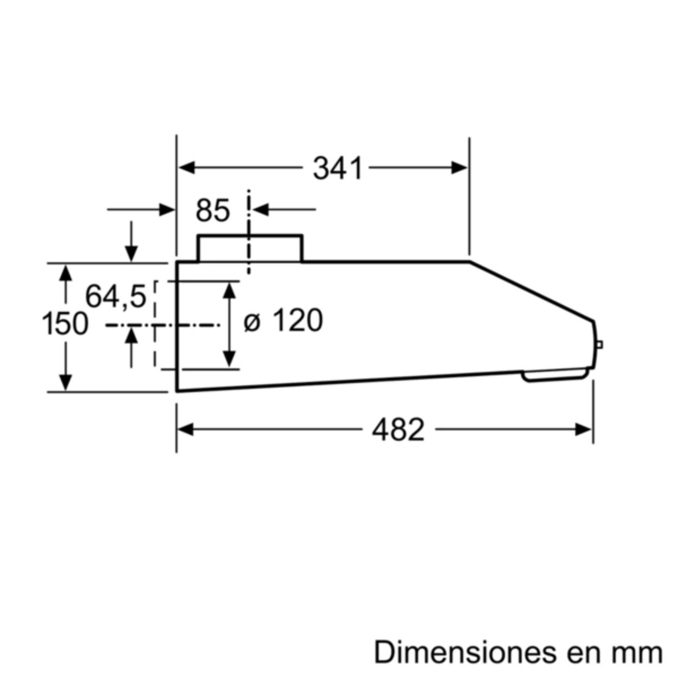Dibujo técnico con medidas: 341, 85, 64,5, 150, Ø 120, 482.