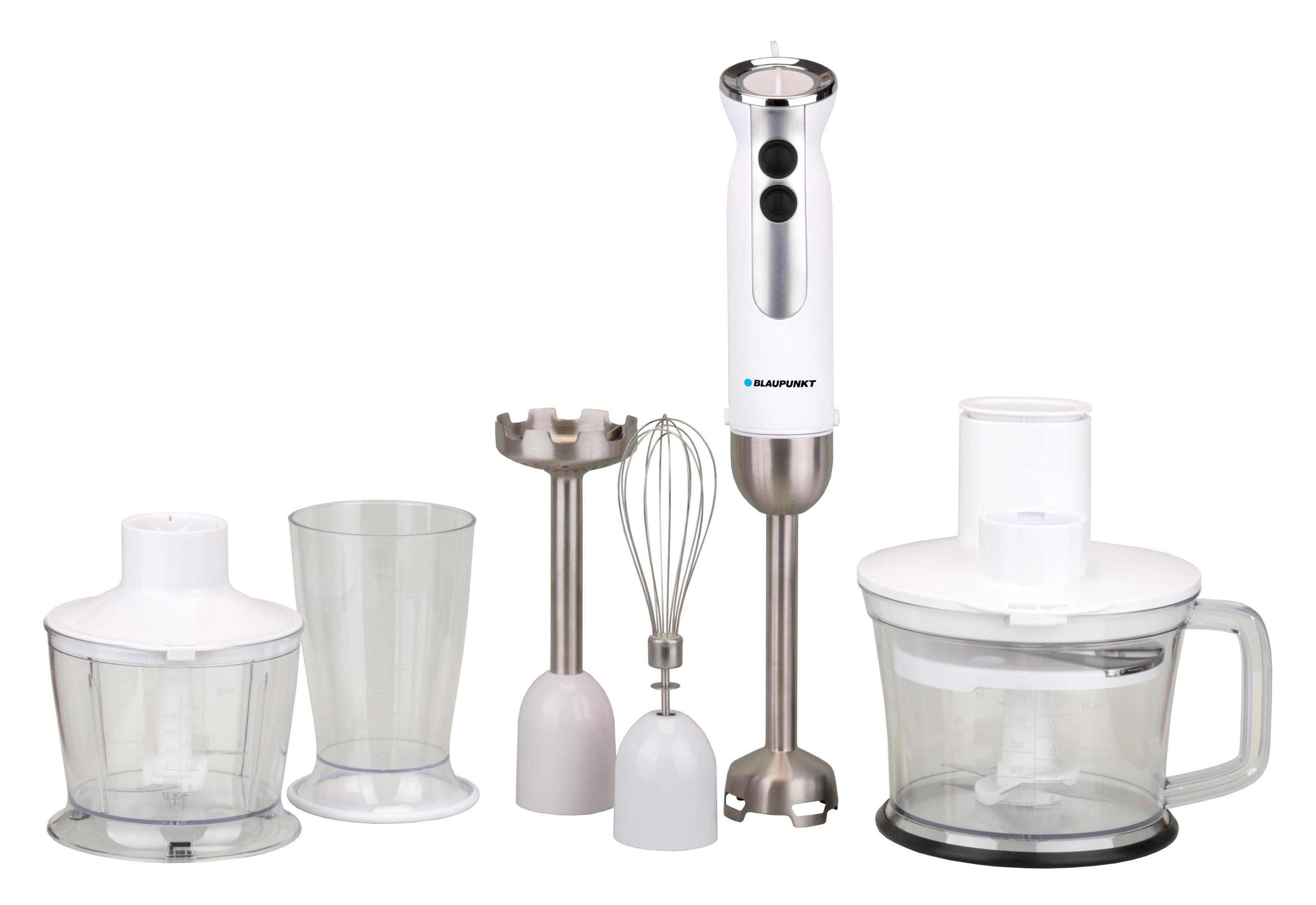 Biały blender ręczny z akcesoriami, w tym kubkiem, trzepaczką i rozdrabniaczem.