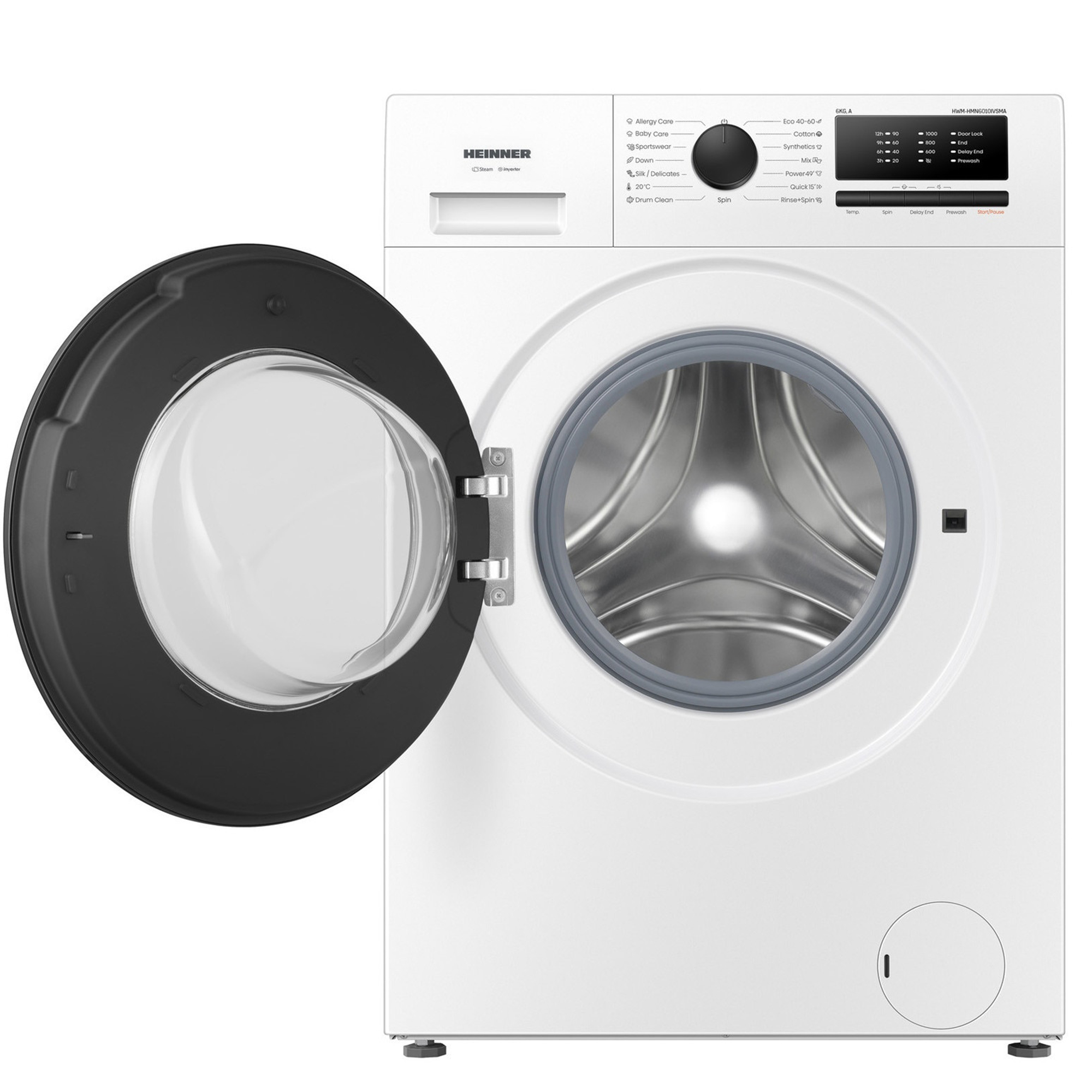 Weiße Waschmaschine mit geöffneter Tür, Bedienfeld mit Programmen und Display.