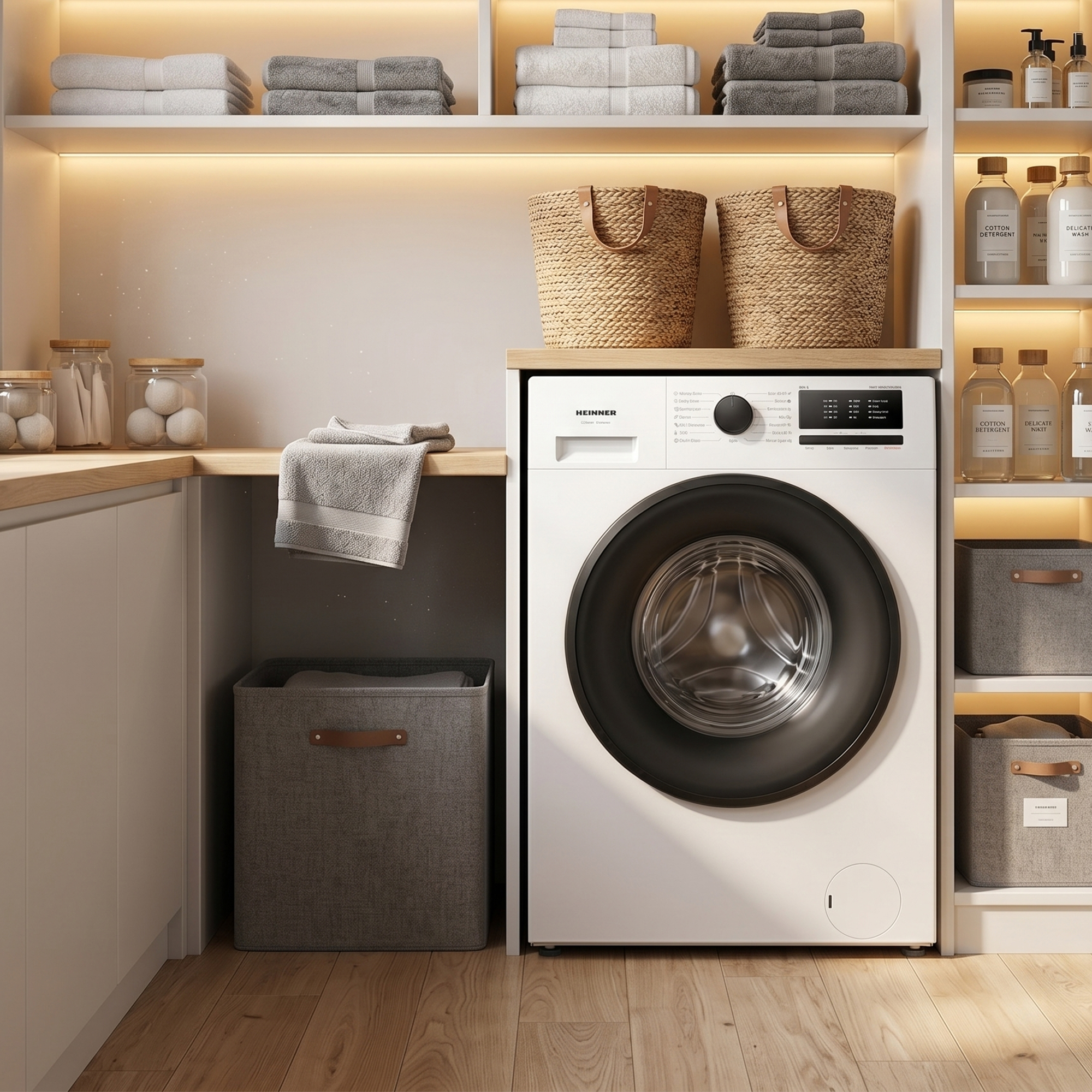 Waschküche mit Waschmaschine, Körben, Waschmitteln und gefalteten Handtüchern.