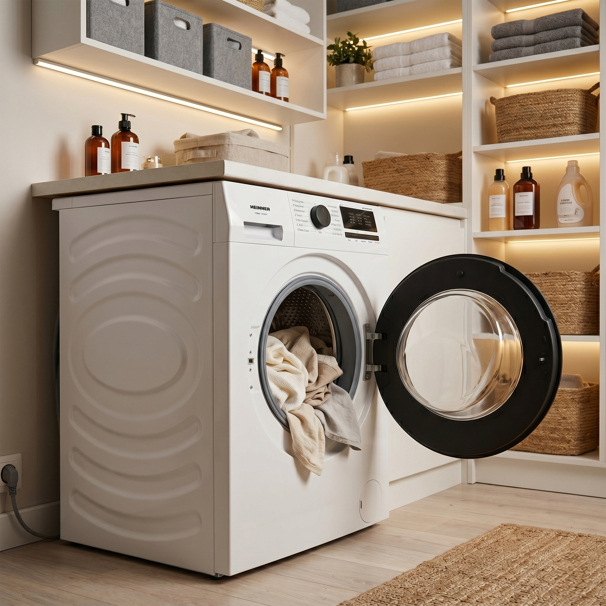 Eine weiße Waschmaschine mit offener Tür, gefüllt mit Kleidung, steht in einem Waschraum.