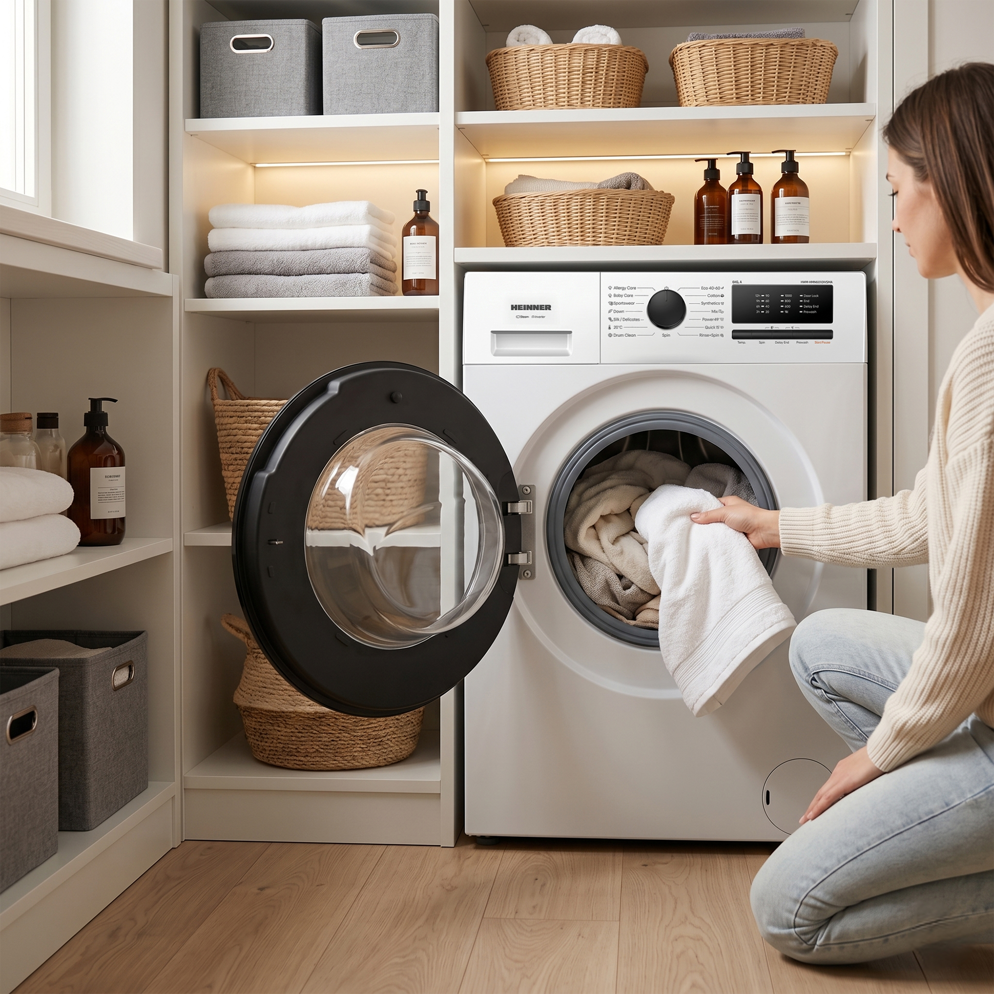 Eine Frau lädt Handtücher in eine weiße Waschmaschine. Regale mit Körben und gefalteten Handtüchern.