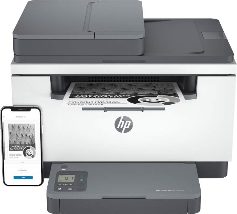 Baskı önizlemesini gösteren bir akıllı telefonla HP lazer yazıcı.