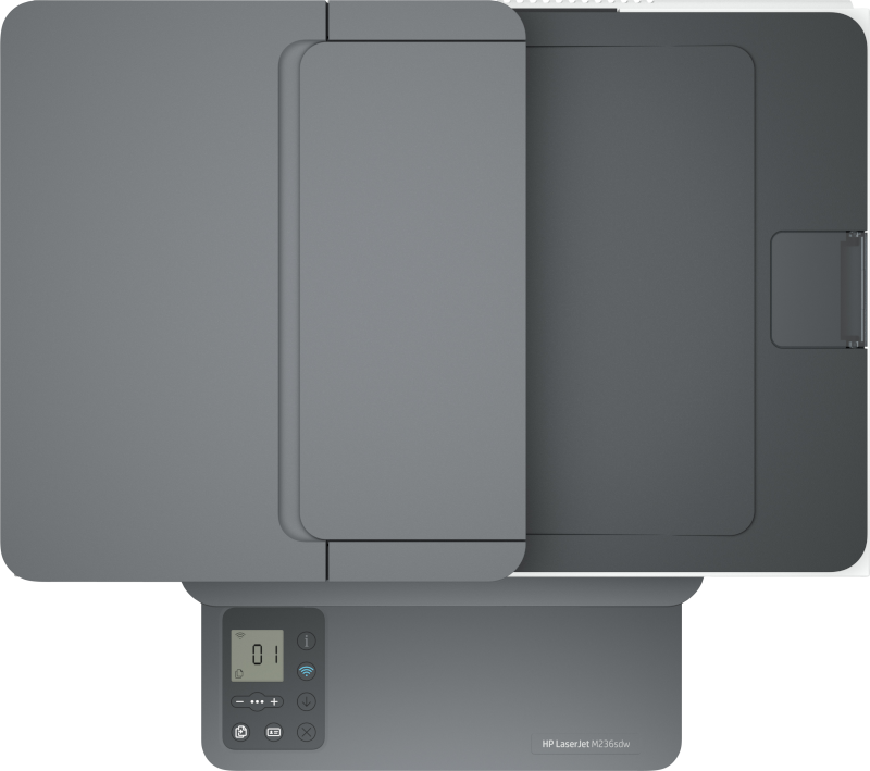Gri HP LaserJet M236sdw yazıcının üstten görünümü, kontrol paneli ve kağıt tepsisi.