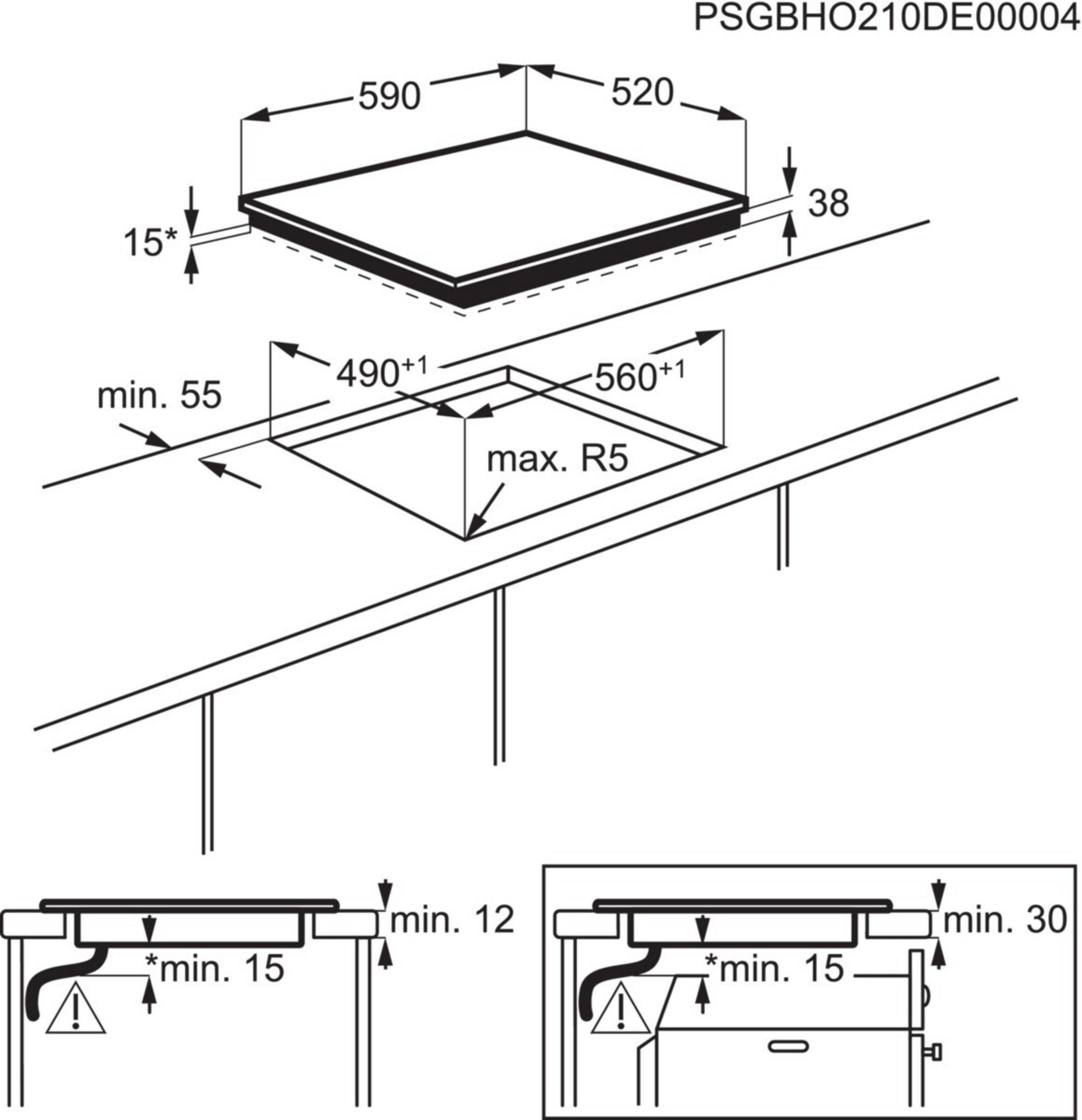Diagrama de instalación de una placa de cocina con dimensiones en mm. Arriba: Vista superior. Abajo: Vistas laterales.