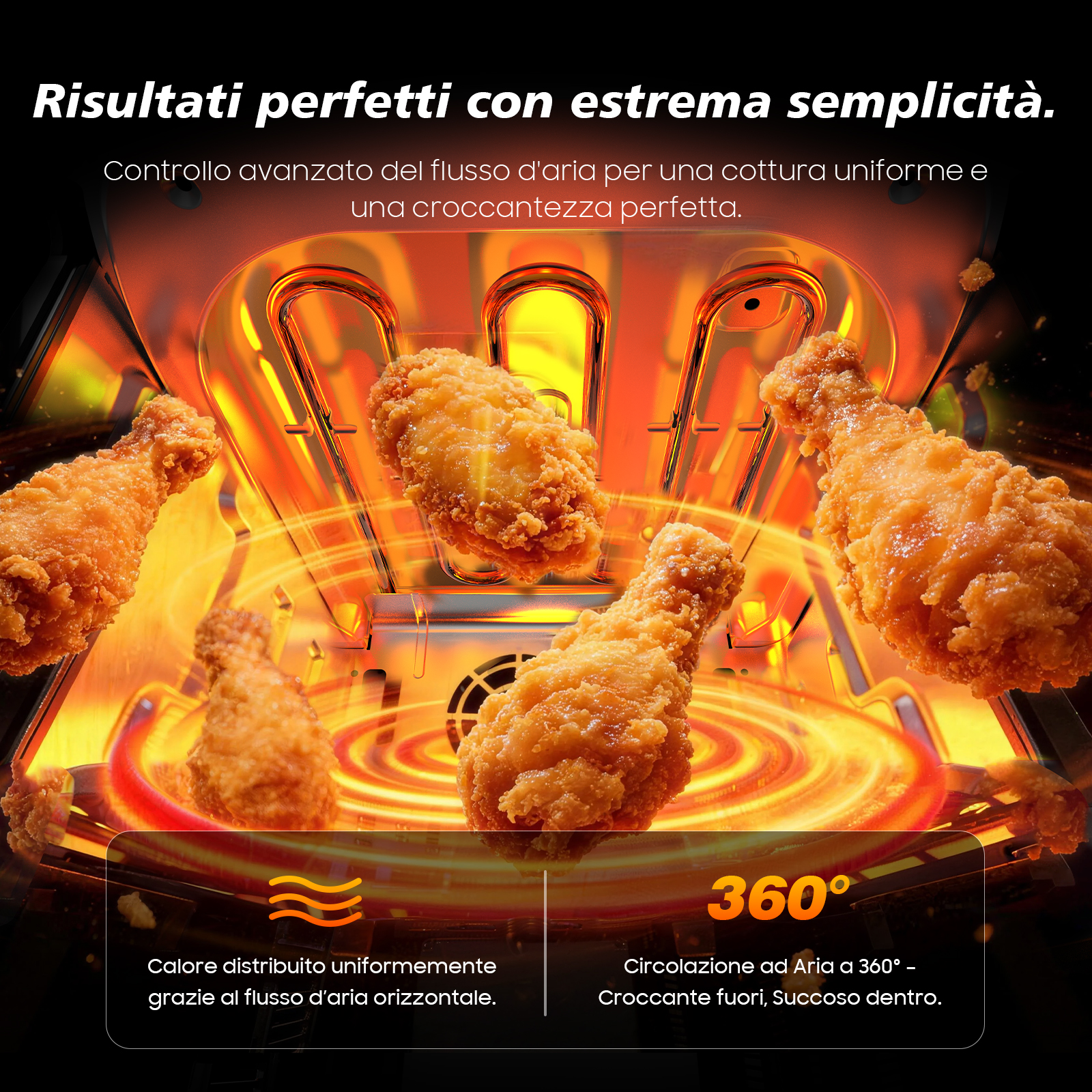 Cosce di pollo fritte dorate che cuociono uniformemente in una friggitrice ad aria.