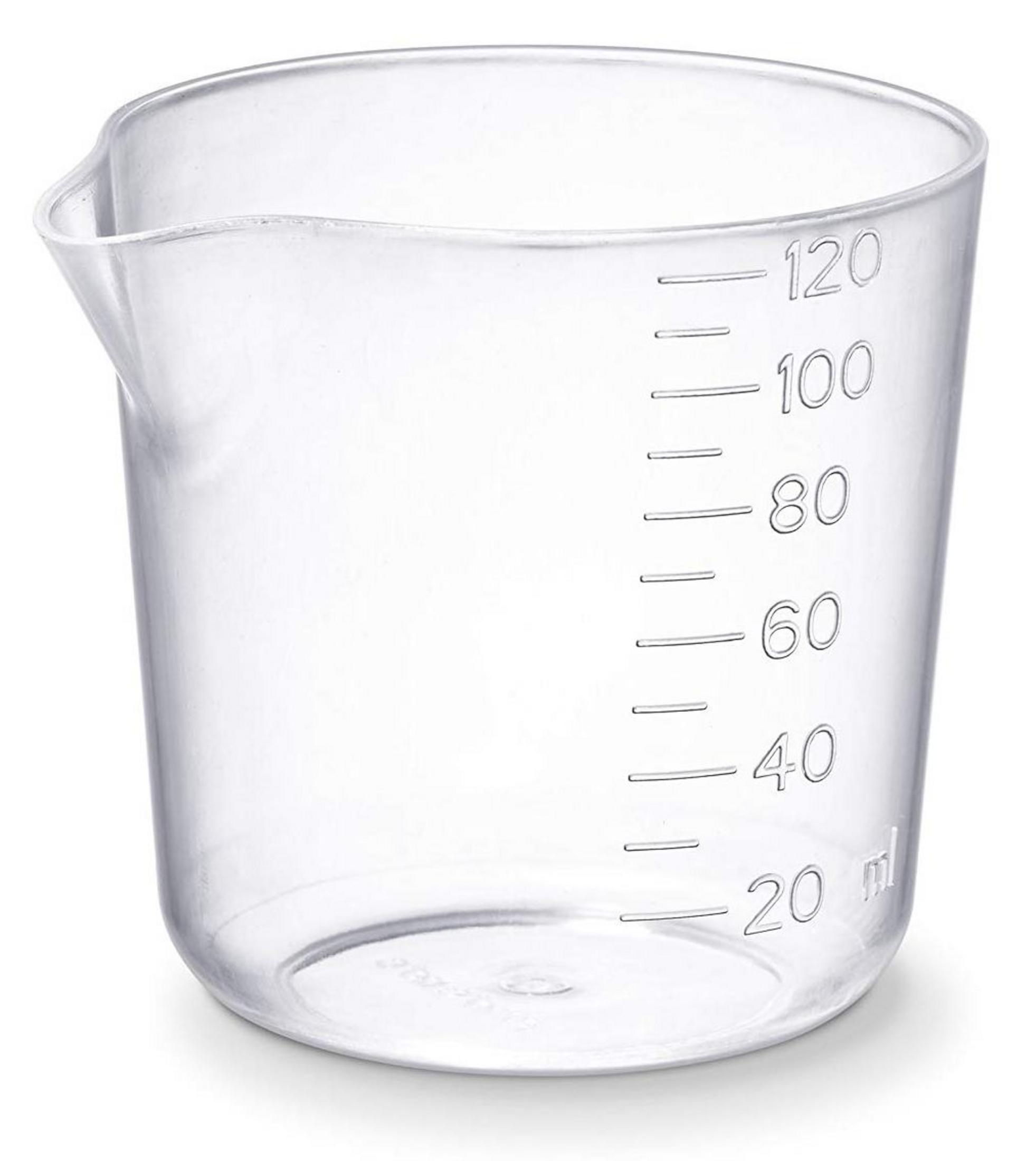 Ein klarer Messbecher mit ml-Markierungen bis 120 ml.