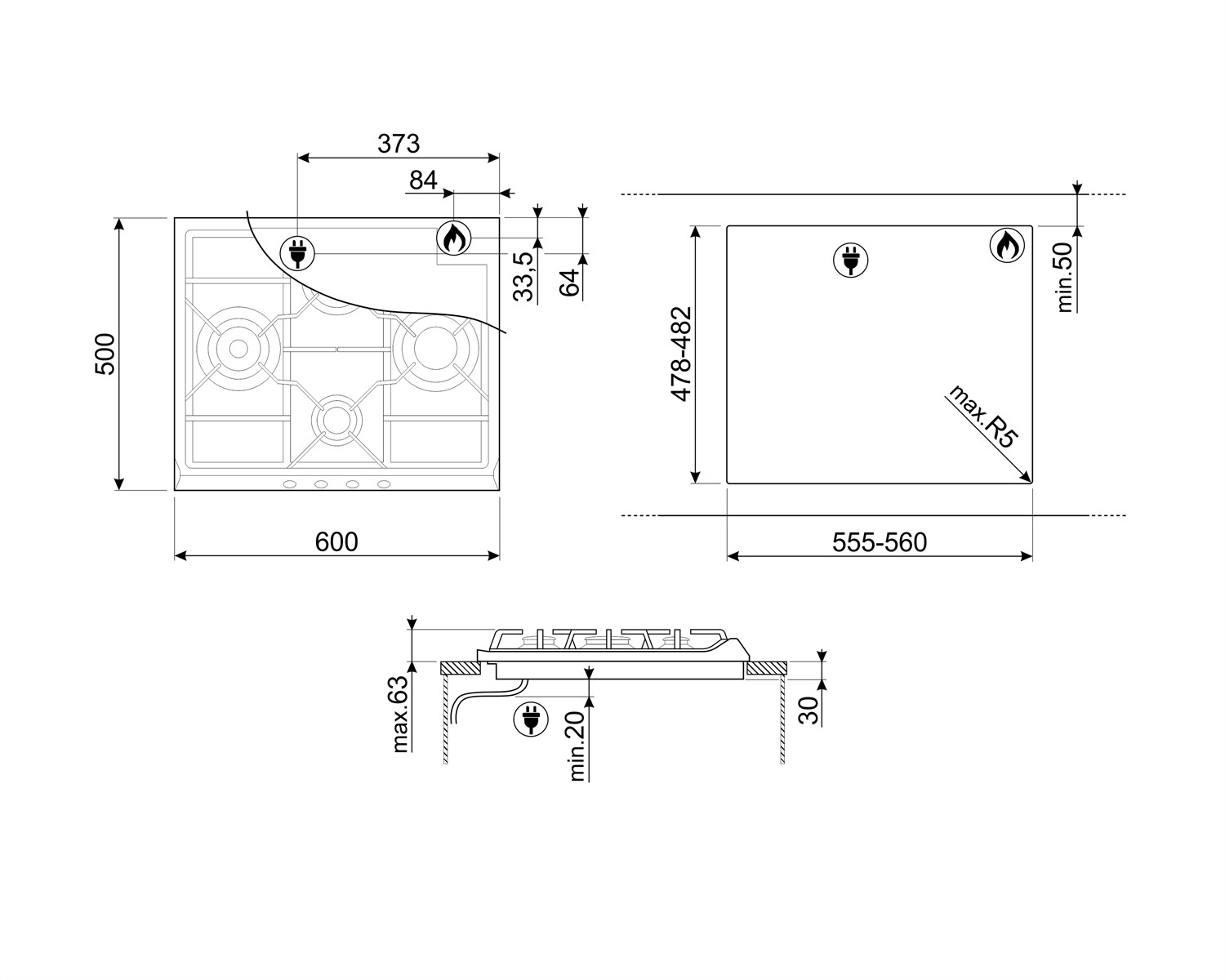 Dibujo técnico de una placa de gas con dimensiones e iconos de corriente y gas.