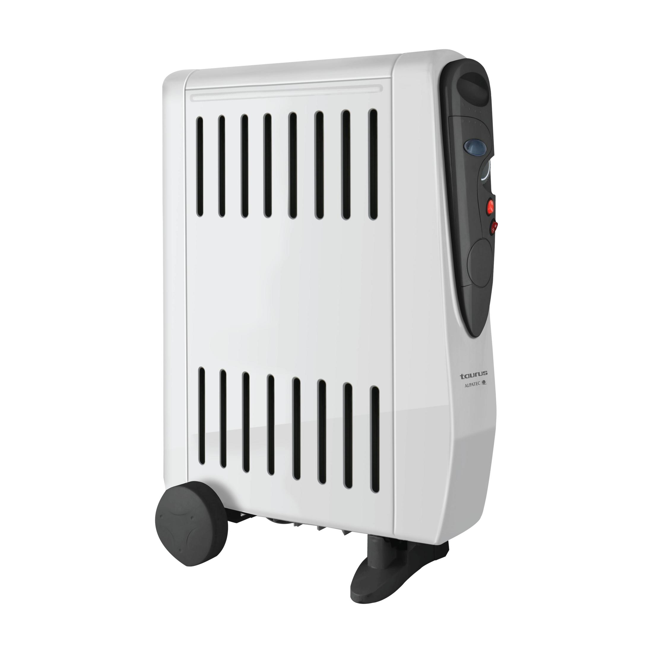 Ein weißer Elektroheizer mit Rädern und einem schwarzen Bedienfeld.