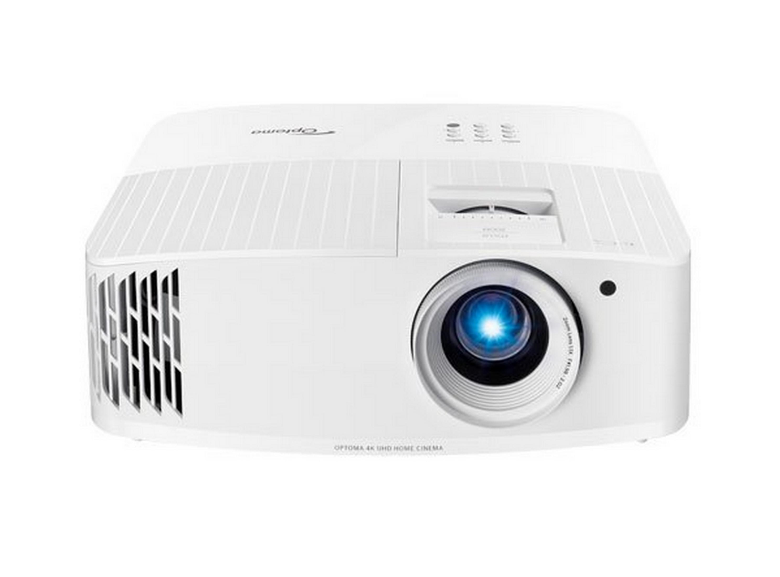 Un proyector blanco con logo Optoma y lente azul.