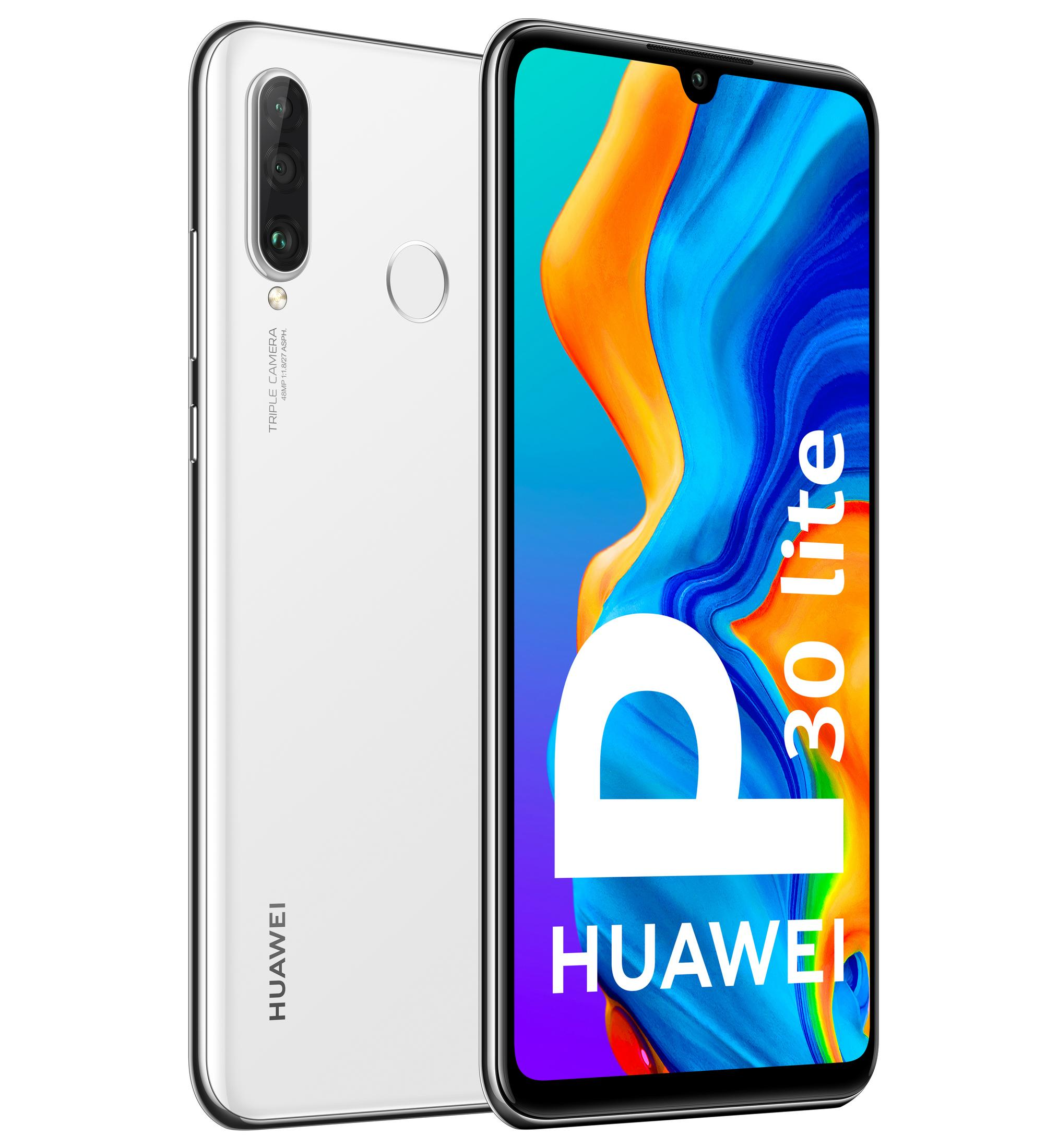 Un smartphone Huawei P30 lite blanco con triple cámara y pantalla completa.