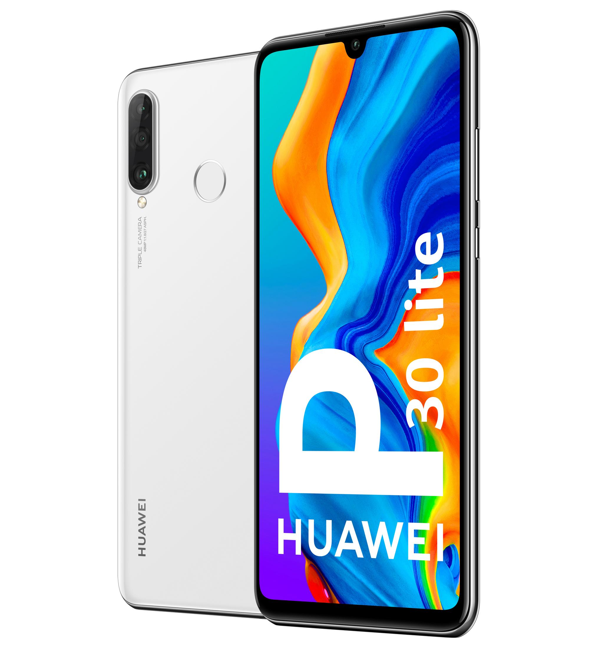 Un Huawei P30 Lite blanco con triple cámara, sobre fondo colorido.