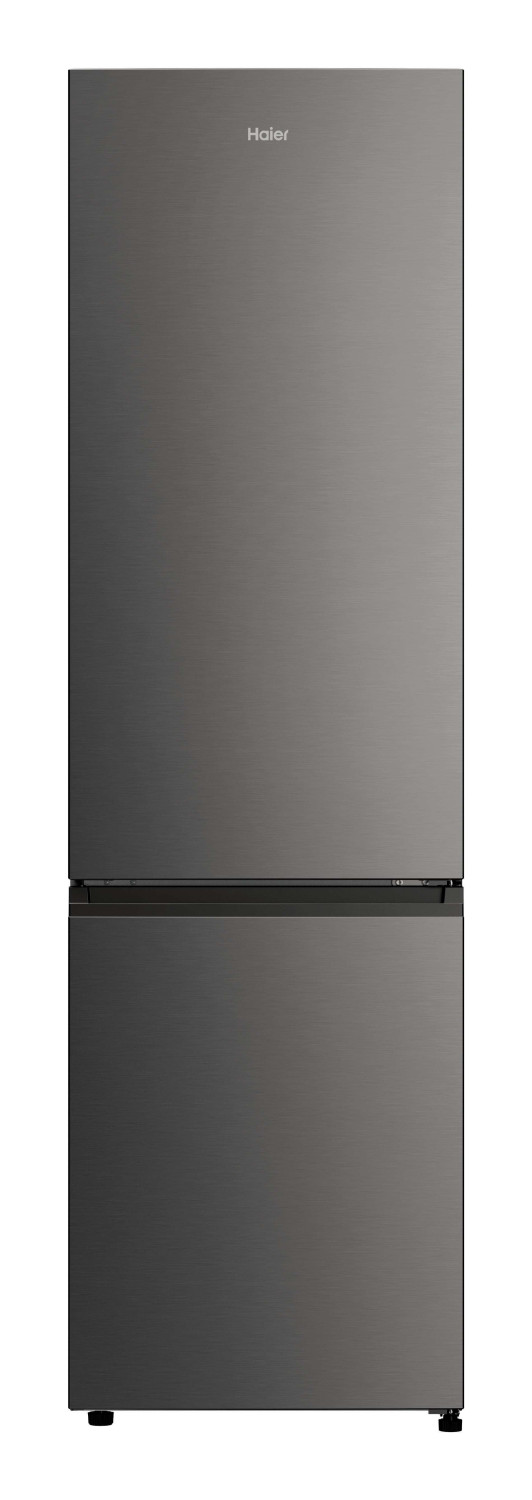 Un frigorifero Haier grigio a due porte, su sfondo bianco.