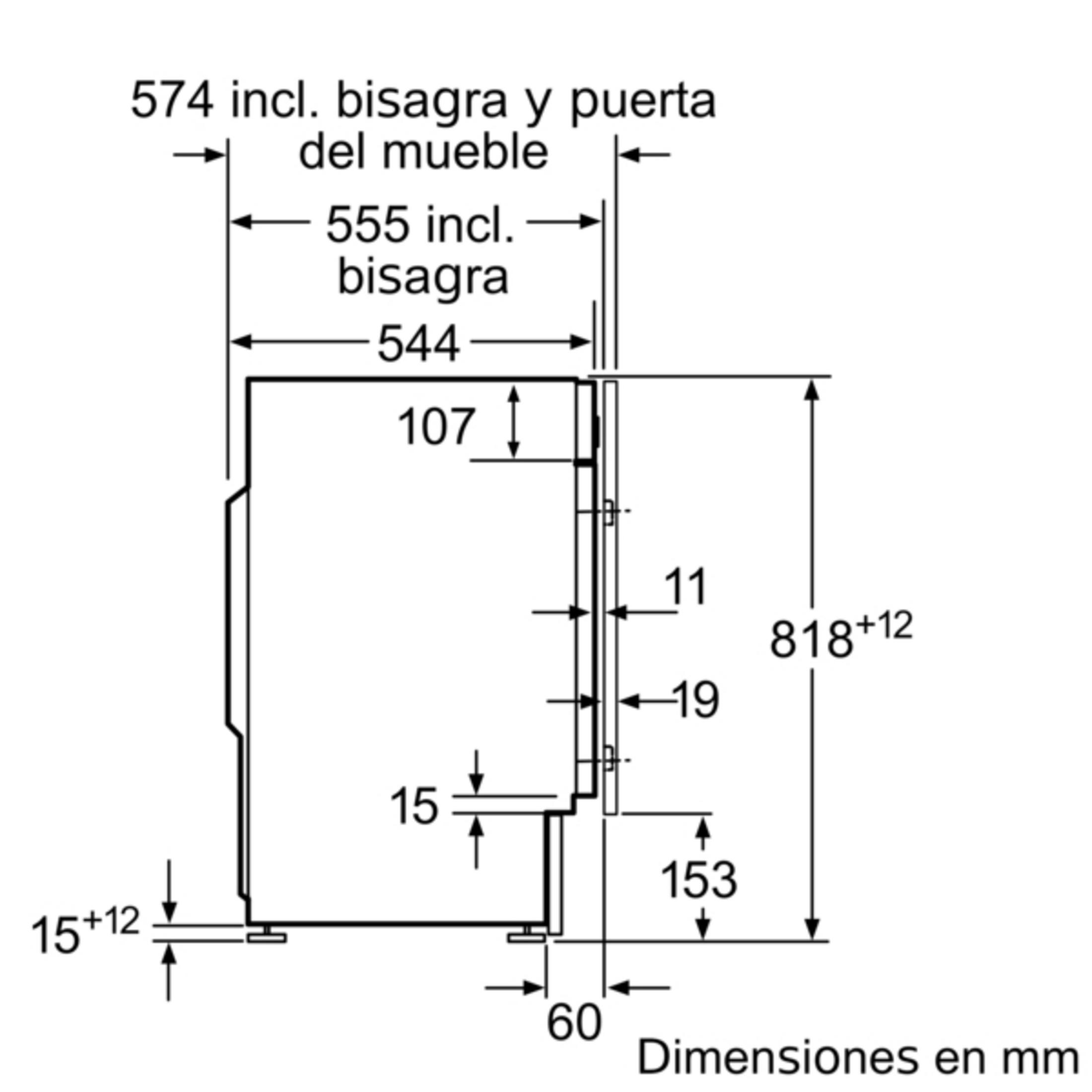 Dibujo técnico con dimensiones en mm. Muestra ancho, alto y profundidad de un electrodoméstico.