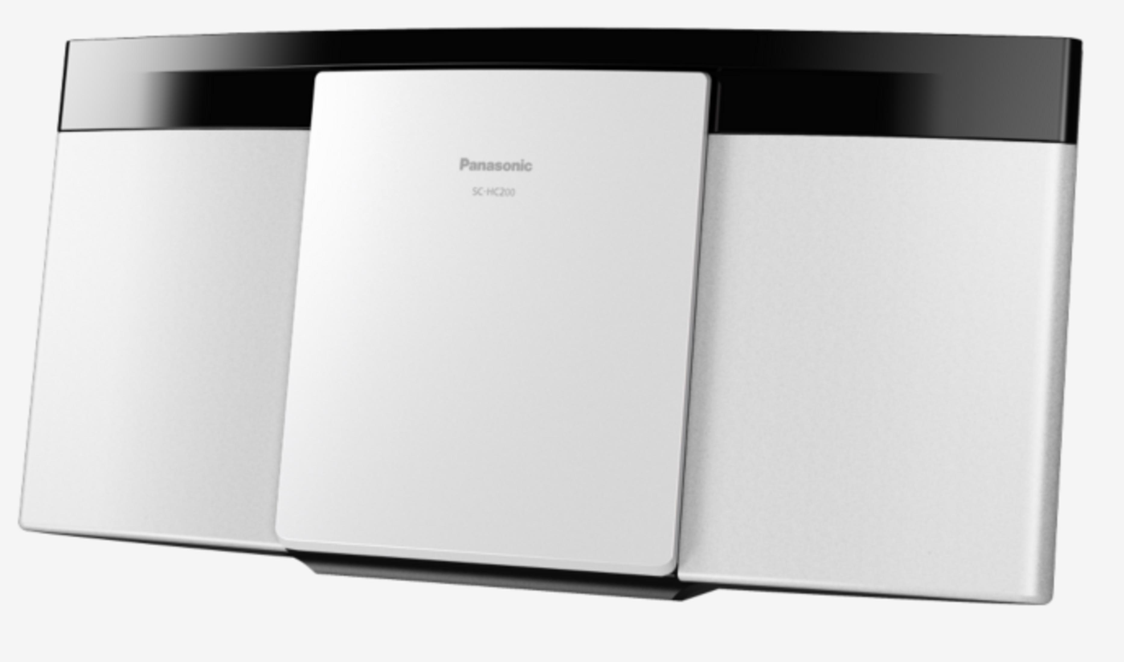 Un sistema de audio Panasonic blanco con una franja superior negra.