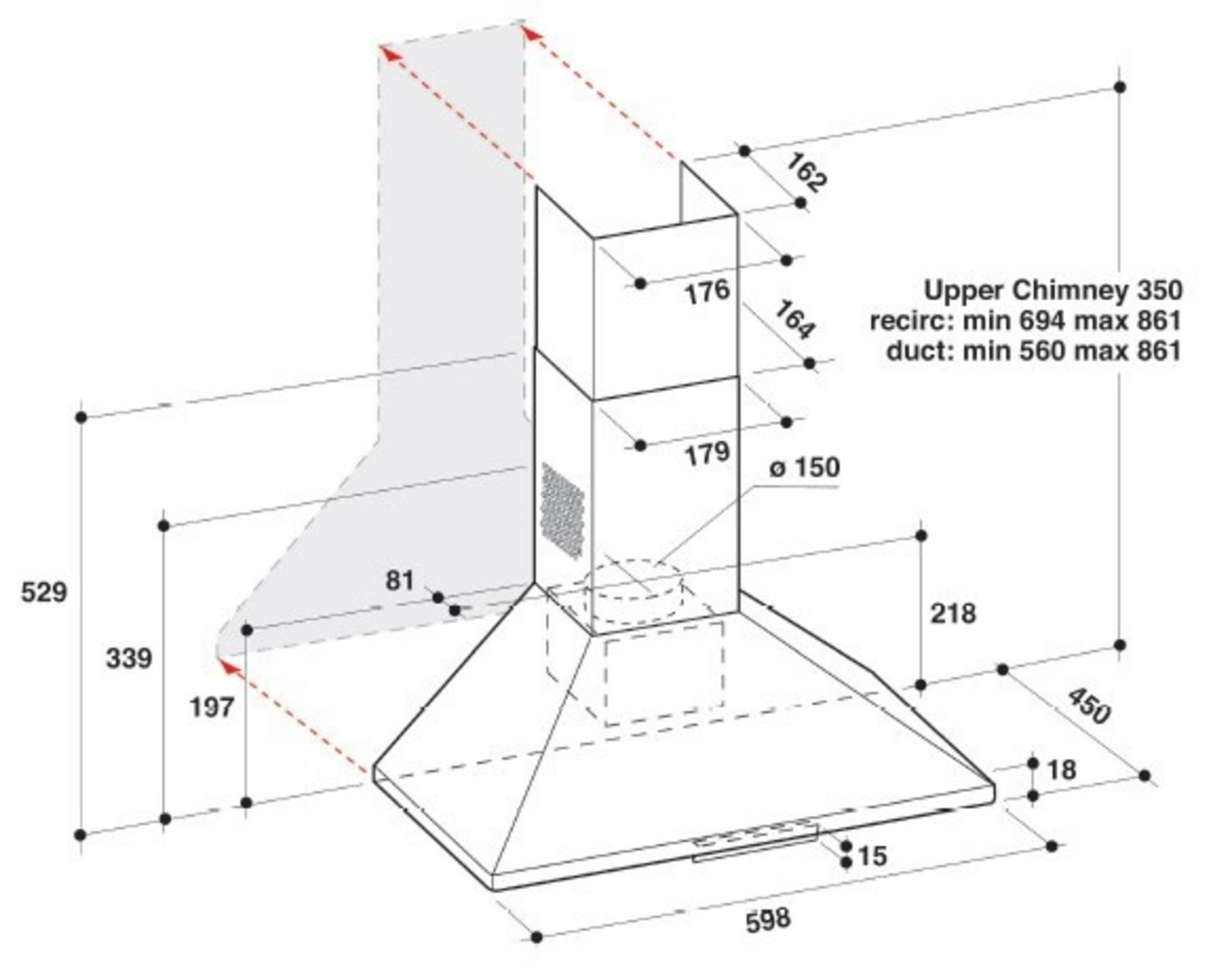 Disegno tecnico di una cappa da cucina con dimensioni ed etichette.
