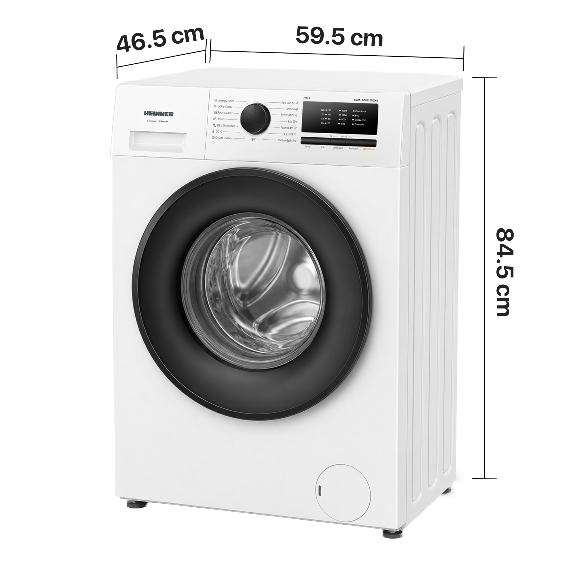White washing machine with black door and control panel. Dimensions: 46.5x59.5x84.5 cm.