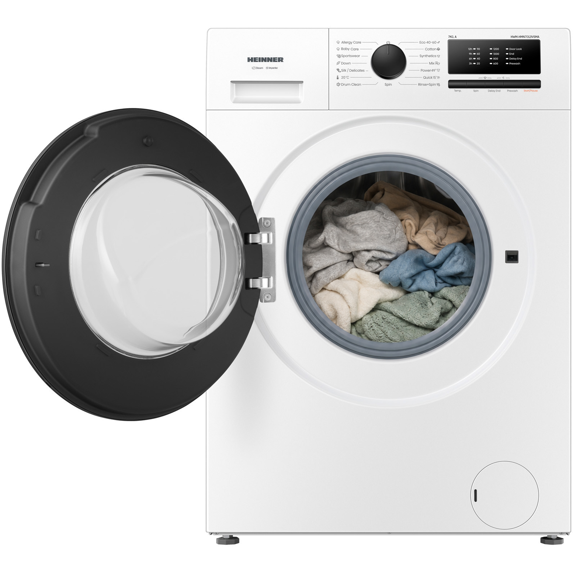 A white washing machine with its door open, showing clothes inside the drum.