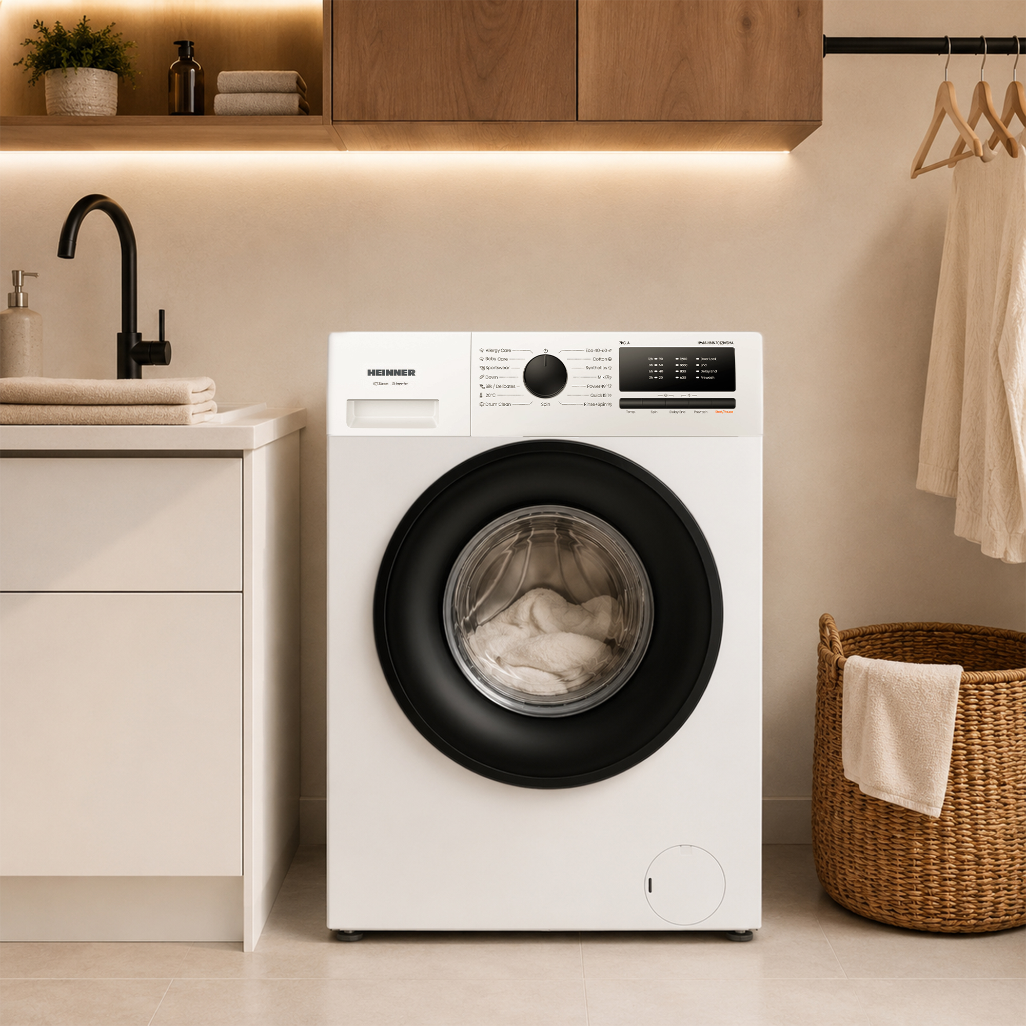 A white washing machine with a black door is in a bathroom.