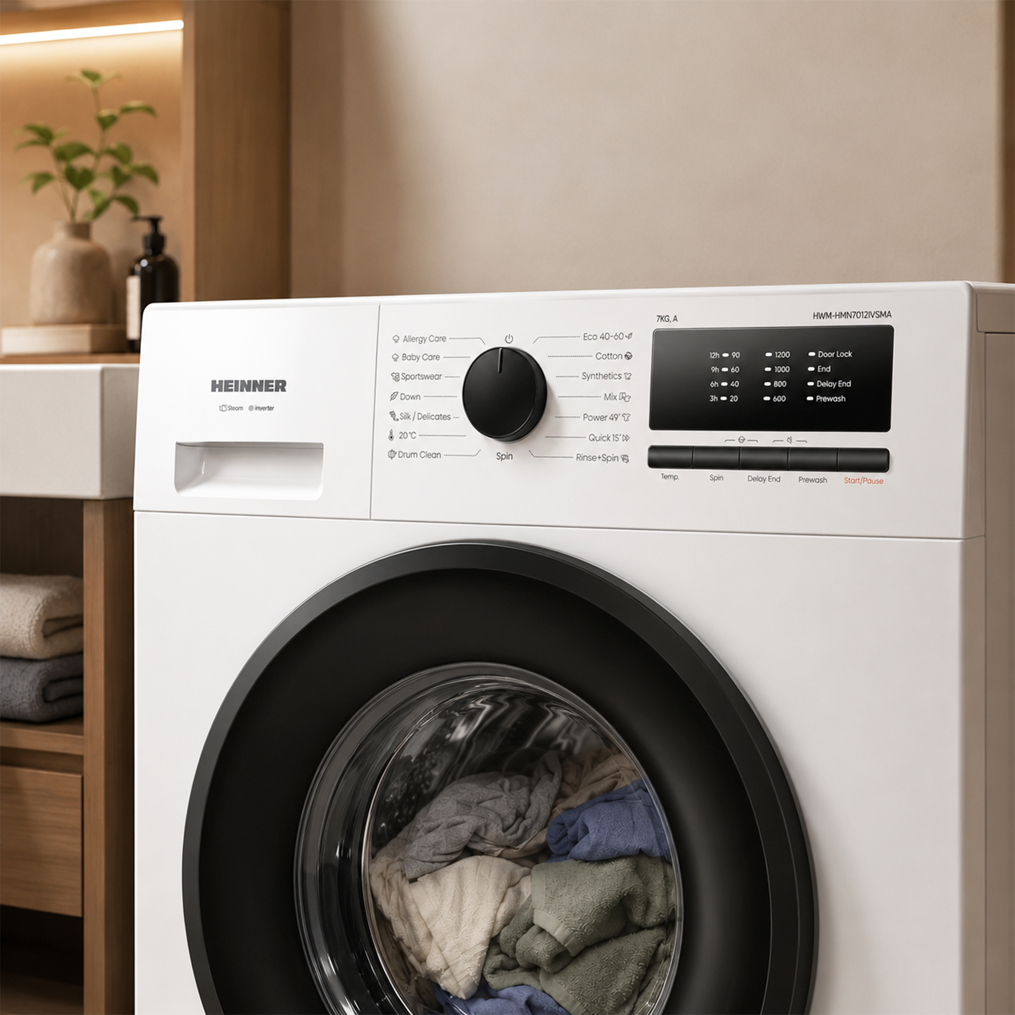 A white washing machine with a full drum, control panel visible. Laundry inside.