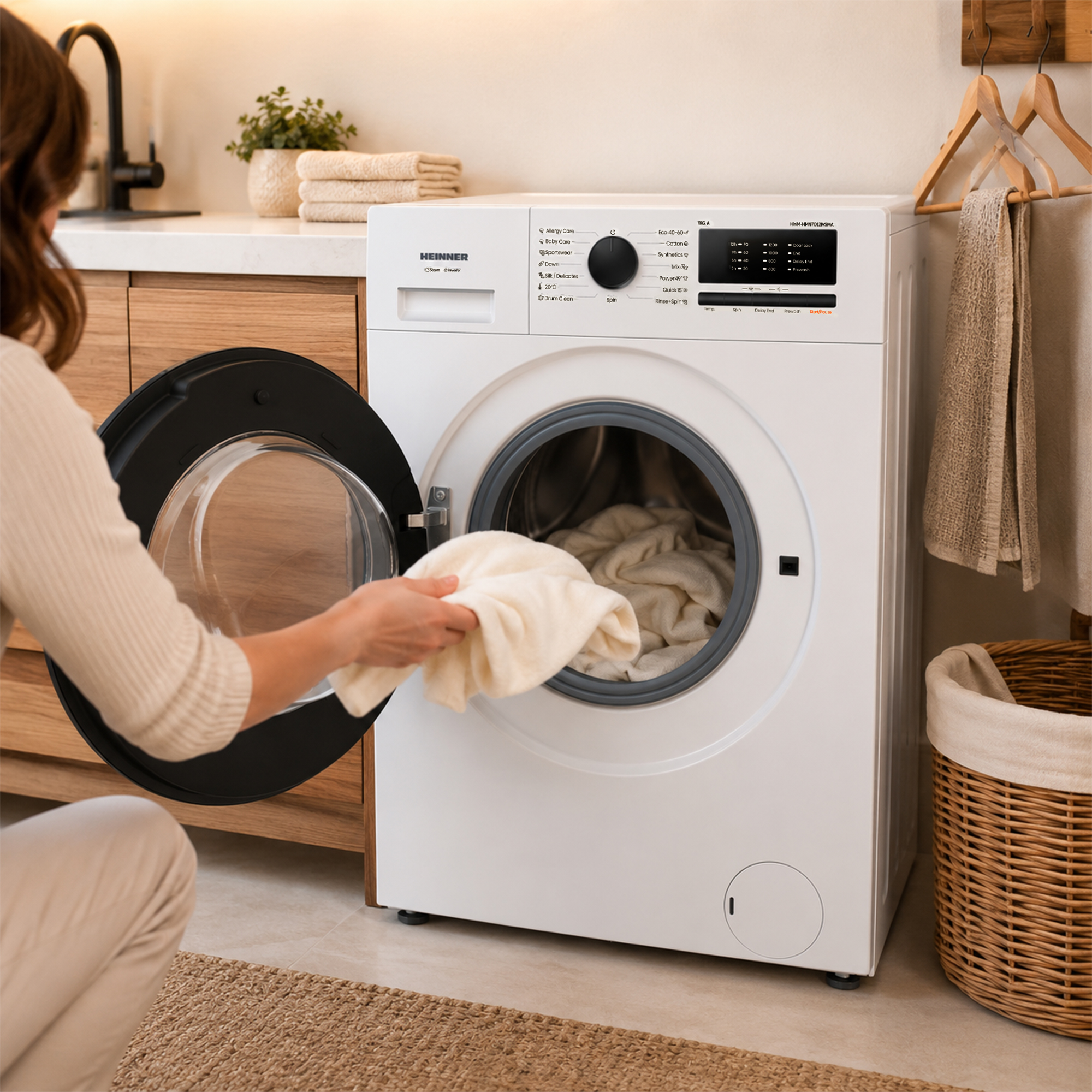A woman loads laundry into a white washing machine. A laundry basket is to the right.