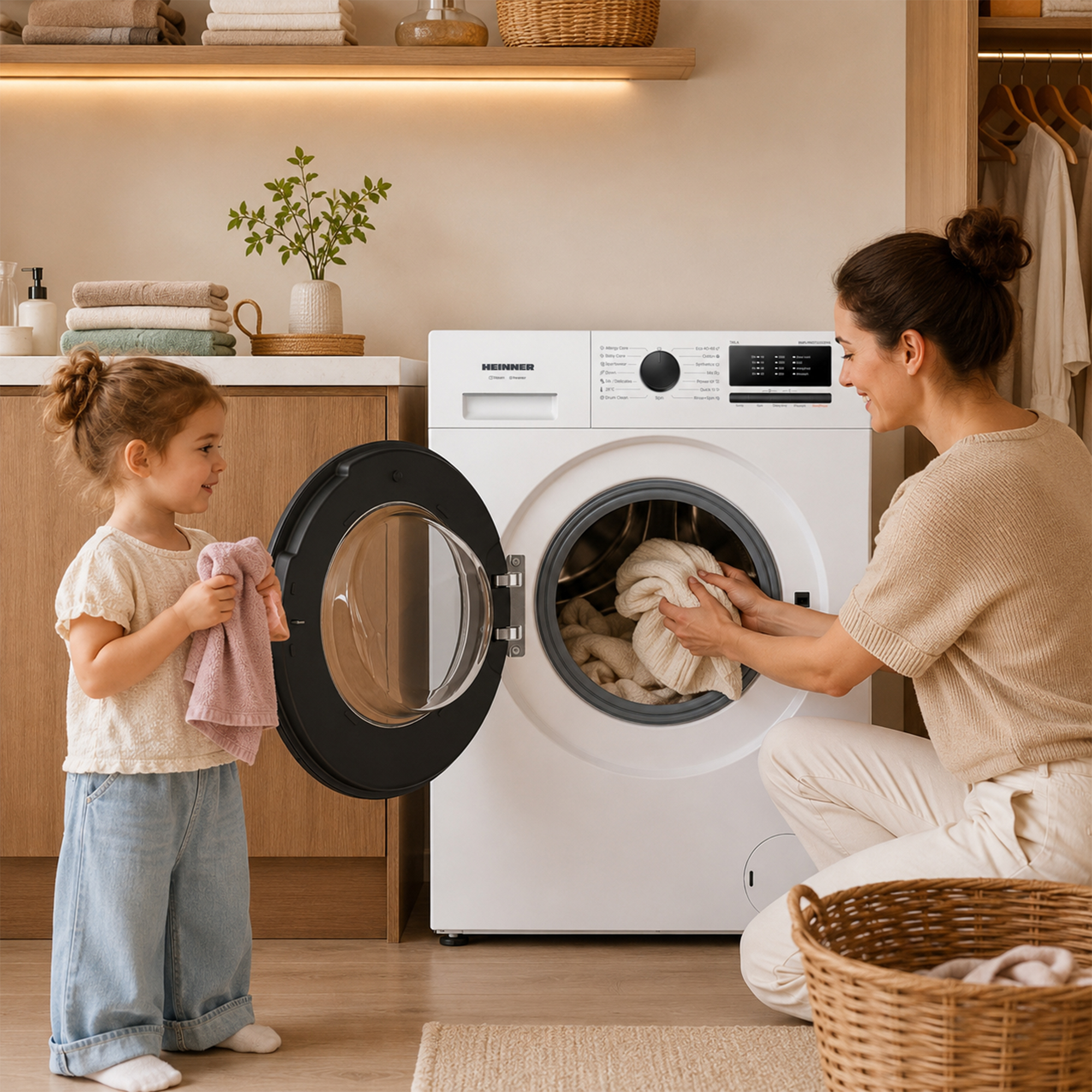 A woman and child load clothes into a washing machine in a bright laundry room.