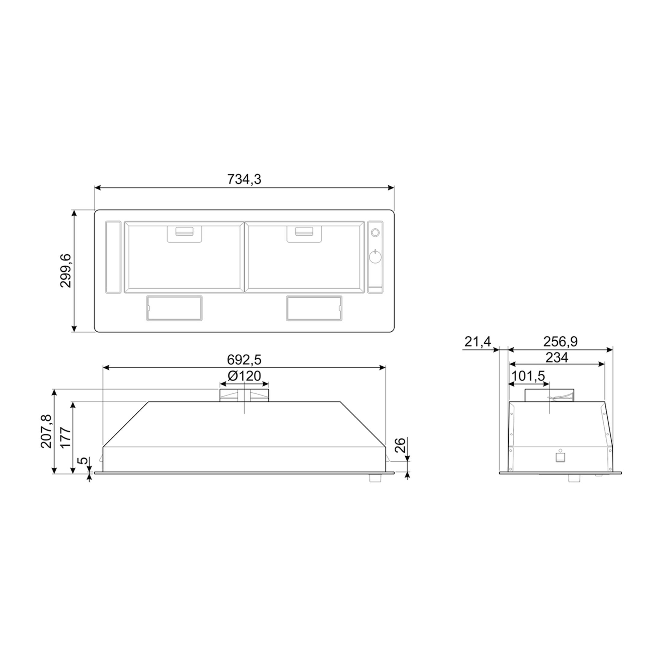 Dibujo técnico de una campana extractora con medidas.