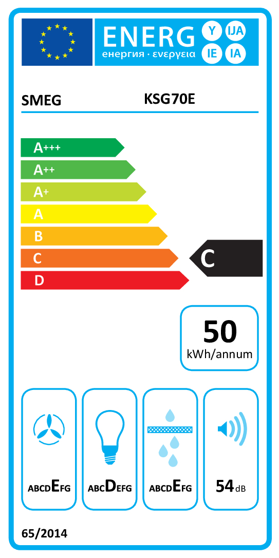 Etiqueta energética SMEG KSG70E: Eficiencia C, 50 kWh/año, nivel de ruido 54 dB.