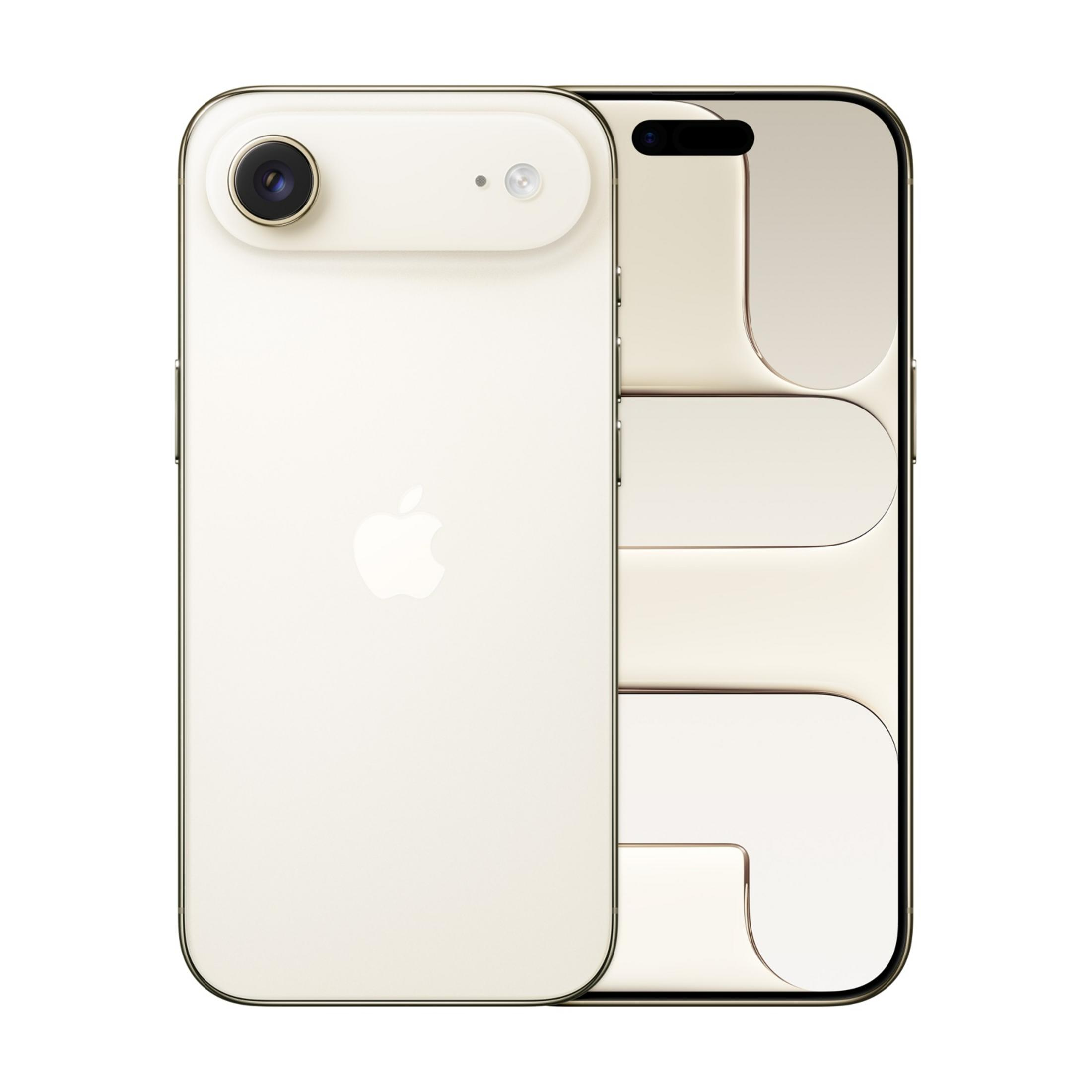 Un iPhone color crema con cámara y flash en la parte trasera, junto a un iPhone plateado.