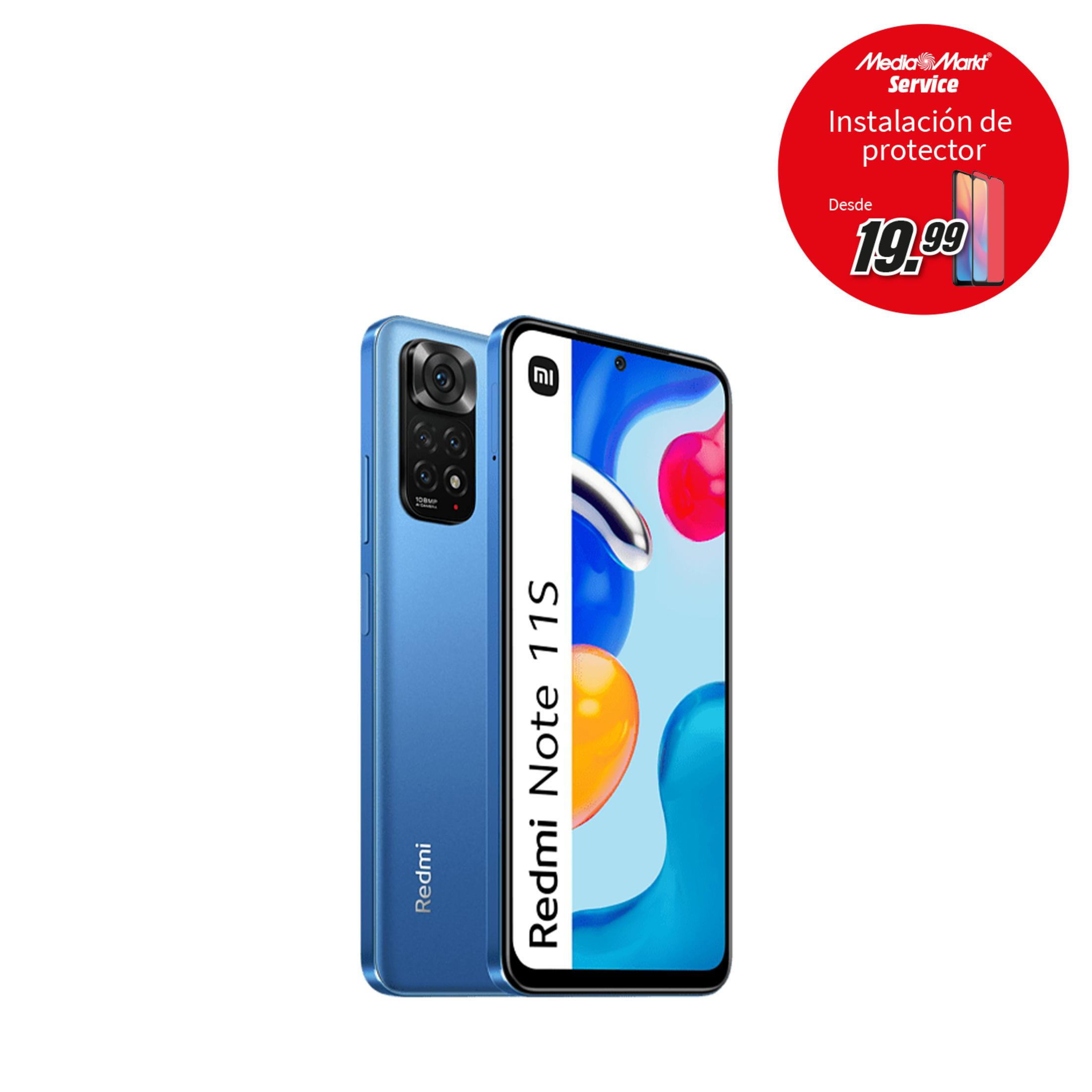 Ein blaues Xiaomi Redmi Note 11S Handy mit Kameramodul und rotem Kreis mit Preis.