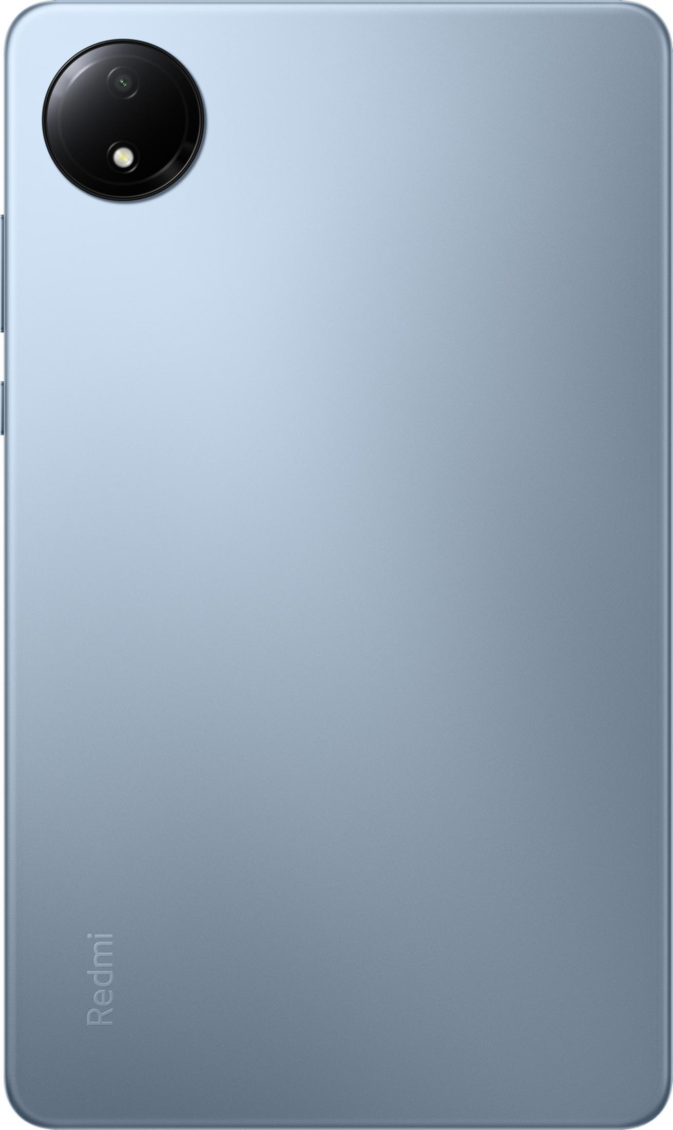 Uno smartphone azzurro con un modulo fotocamera rotondo in alto a sinistra.