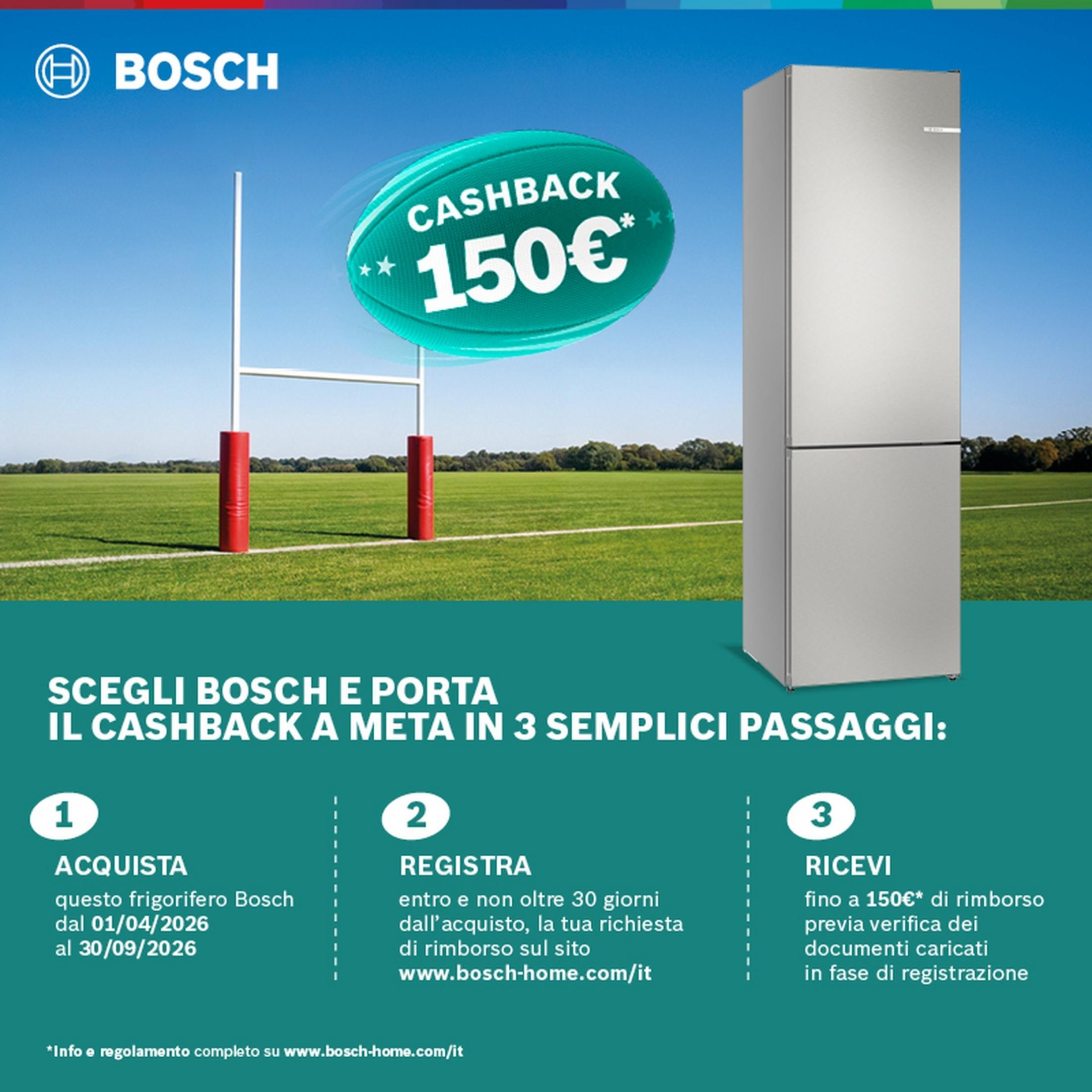 Een Bosch koelkast promoot 150€ cashback op een rugbyveld.