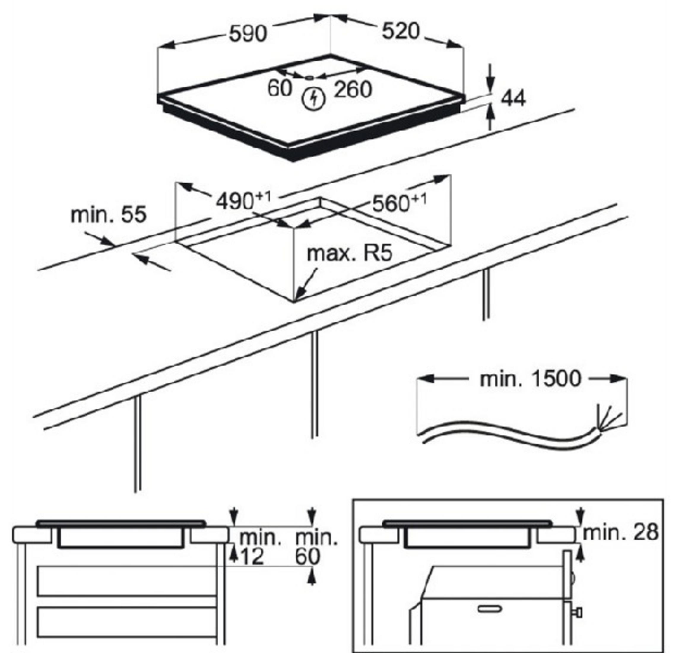 Dibujo de instalación de una placa de cocina con dimensiones y distancias mínimas.