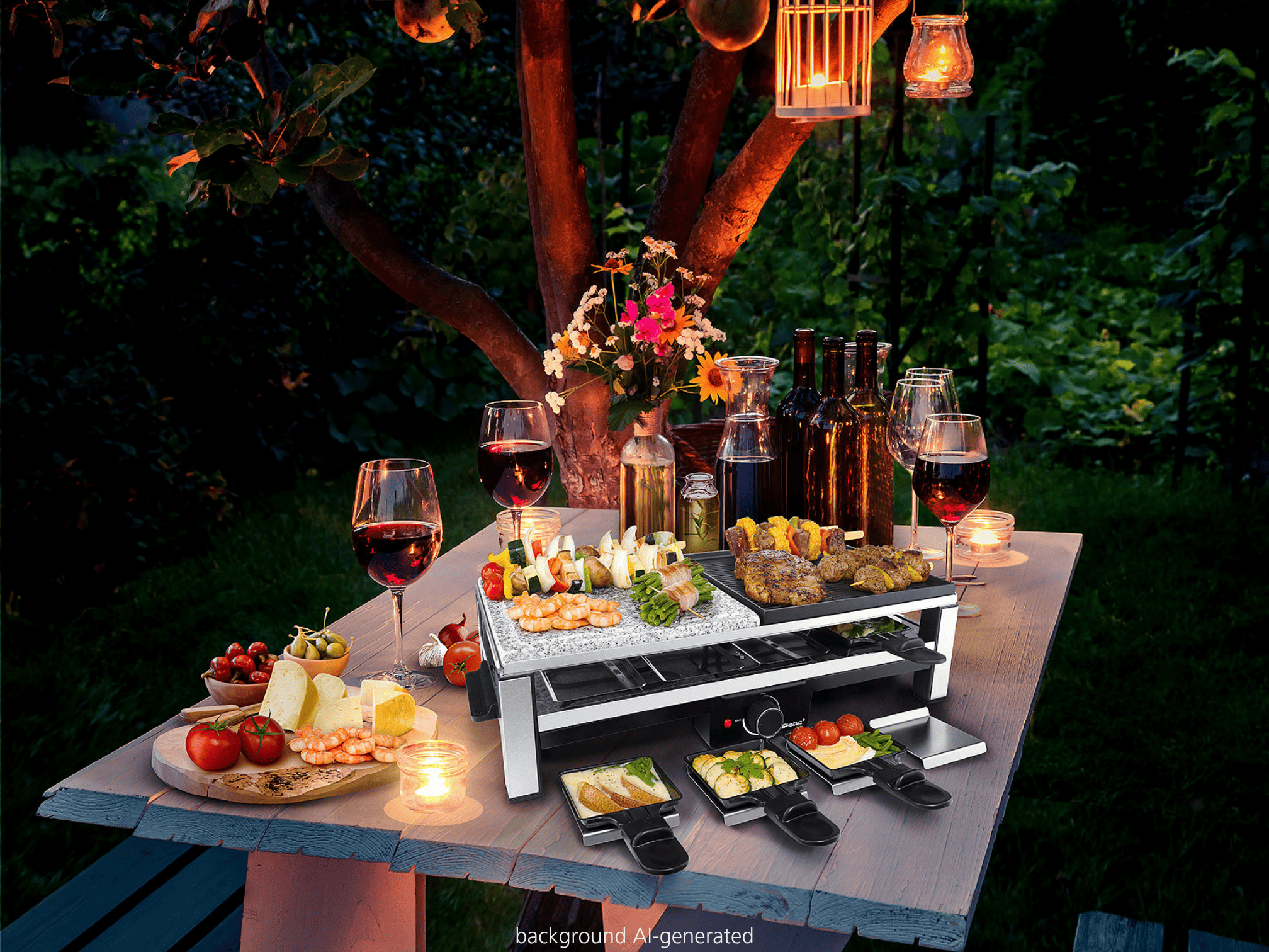 Raclette-Grill mit Fleischspießen, Garnelen, Gemüse, Käse und Wein im Garten