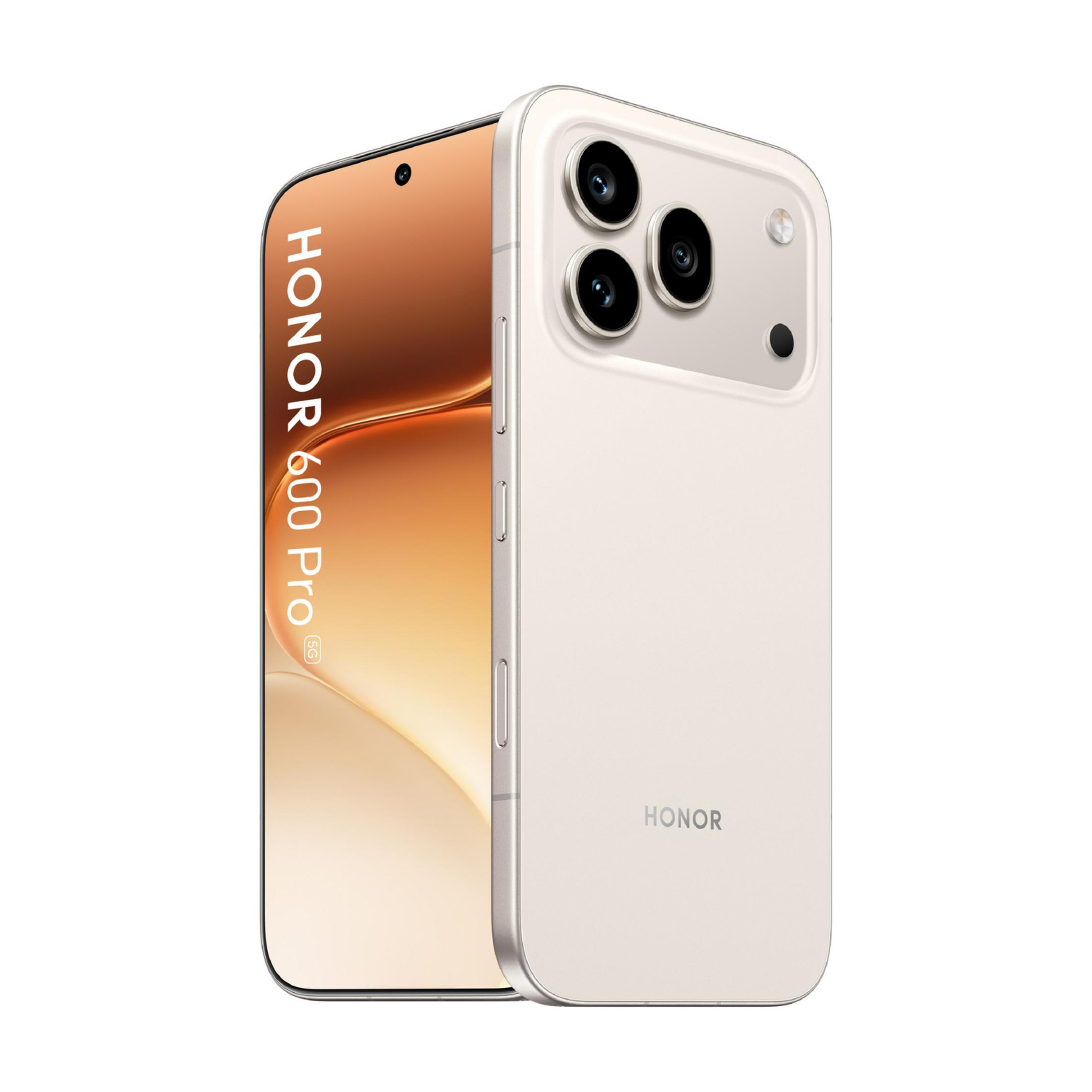 Ein weißes Honor 600 Pro 5G-Telefon mit Dreifachkamera und einem Bildschirm mit Honor-Logo.