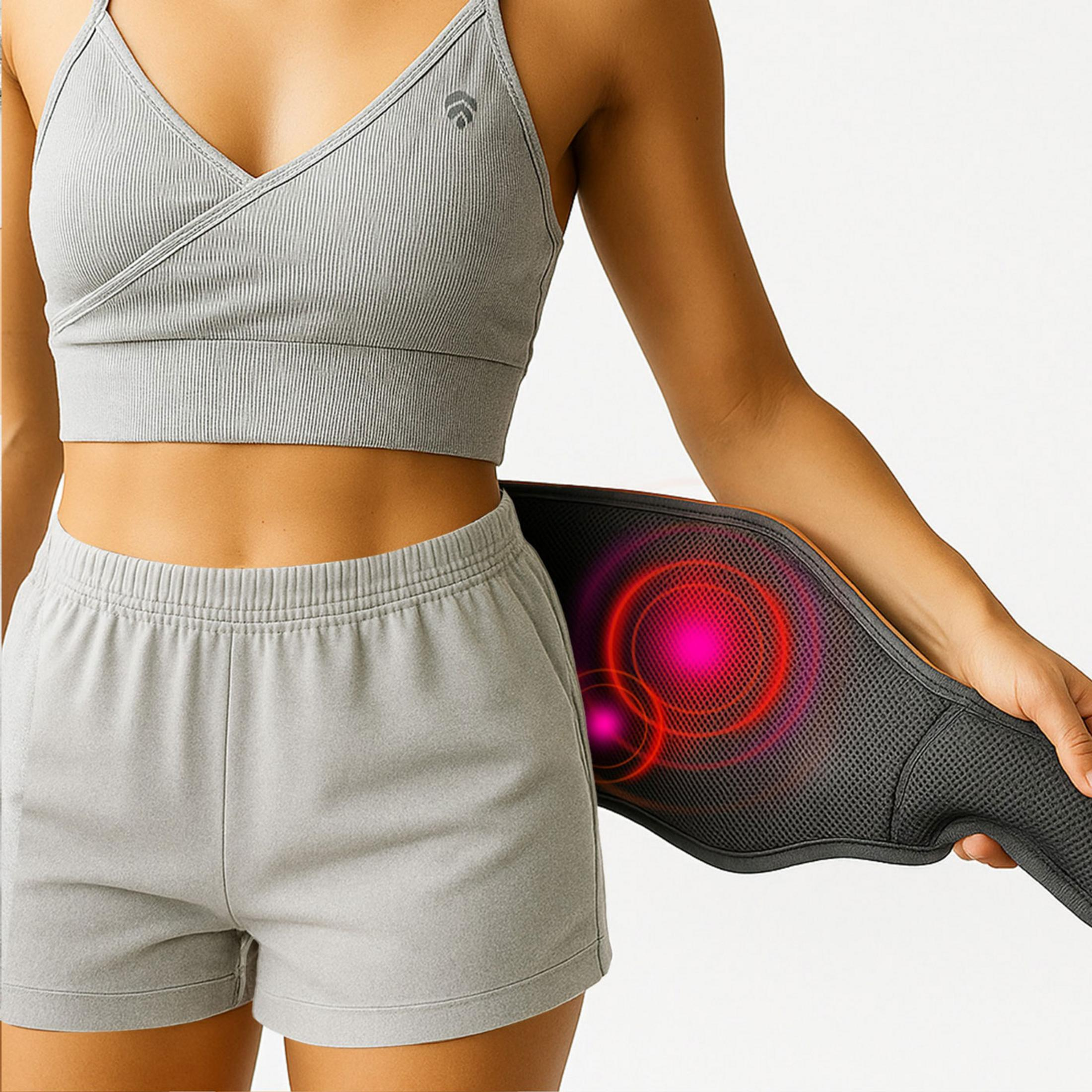 Una mujer lleva un sujetador deportivo y pantalones cortos grises. Sostiene un cinturón calefactor negro con círculos rojos.