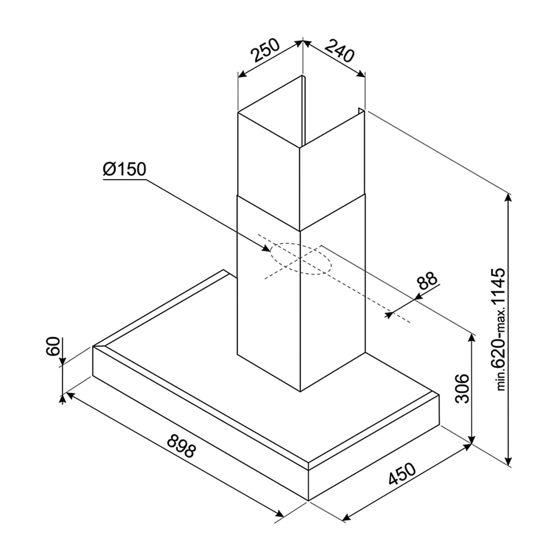 Dibujo técnico de una campana extractora con dimensiones. Base de 898x450mm, altura 60mm.