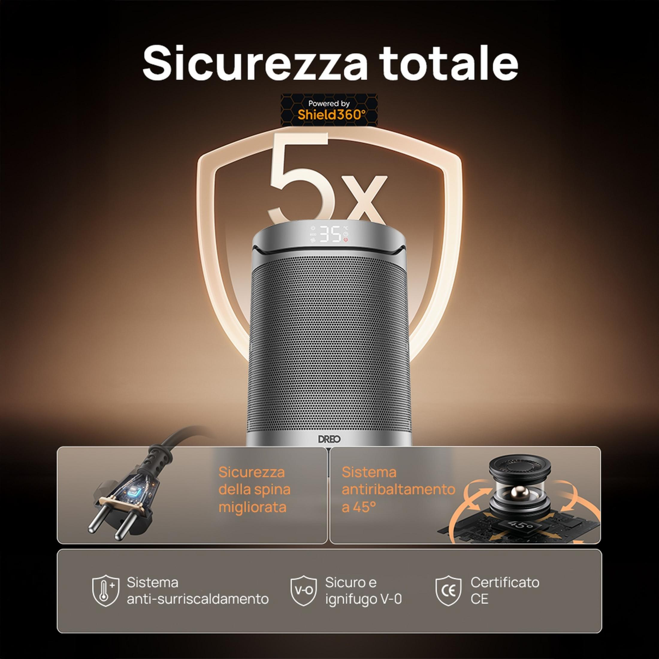 Ein moderner Heizlüfter mit digitaler Anzeige, Sicherheitsmerkmalen und dem Logo 'Powered by Shield360'.