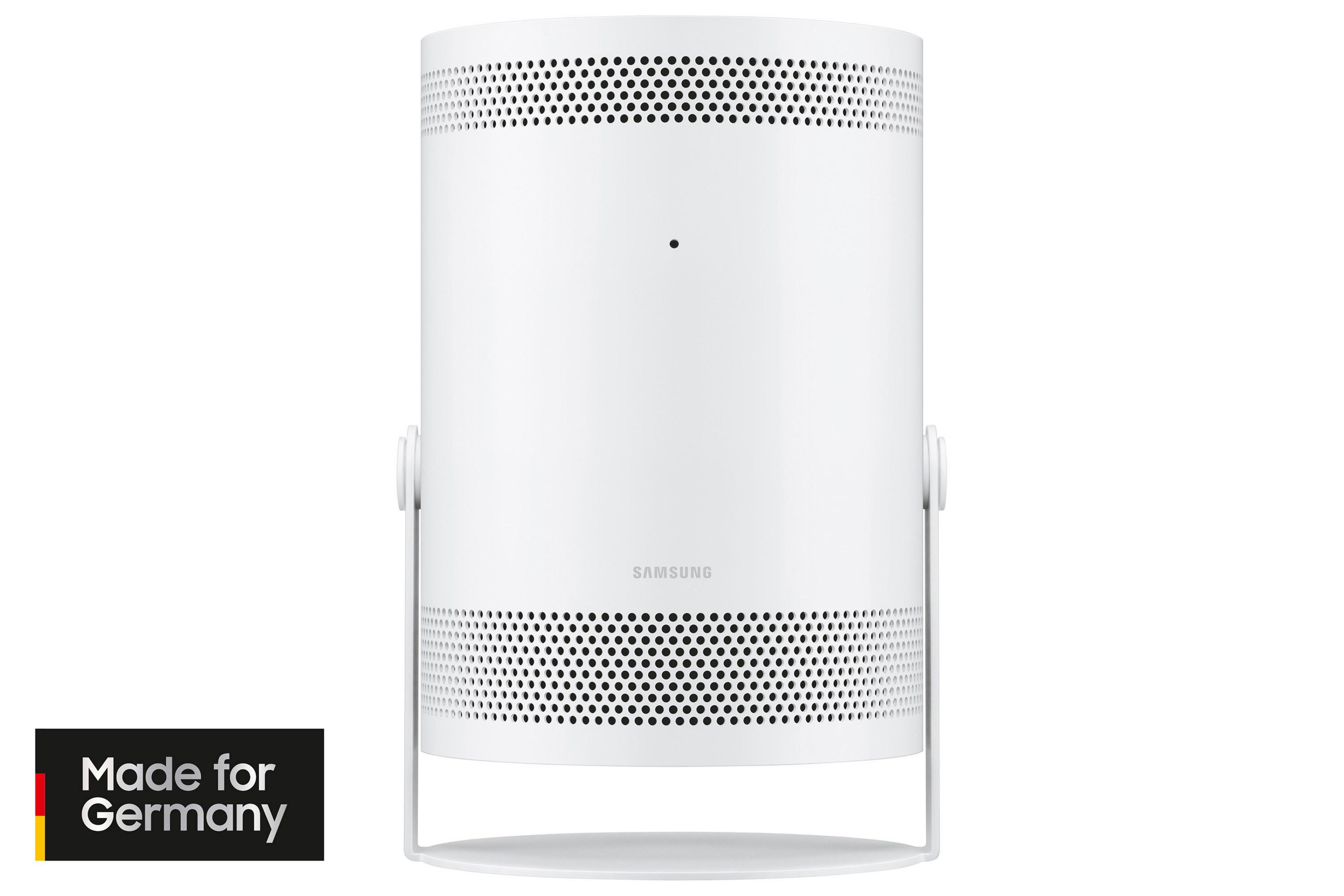 Witte Samsung speaker met geperforeerde patronen boven en onder.