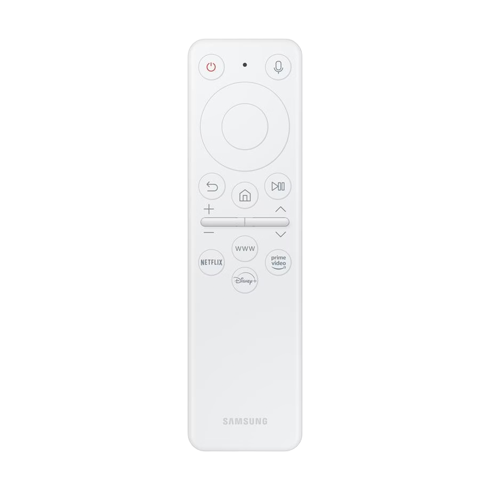 Weiße Samsung Fernbedienung mit Tasten für Strom, Mikrofon, Navigation, Lautstärke und Apps.