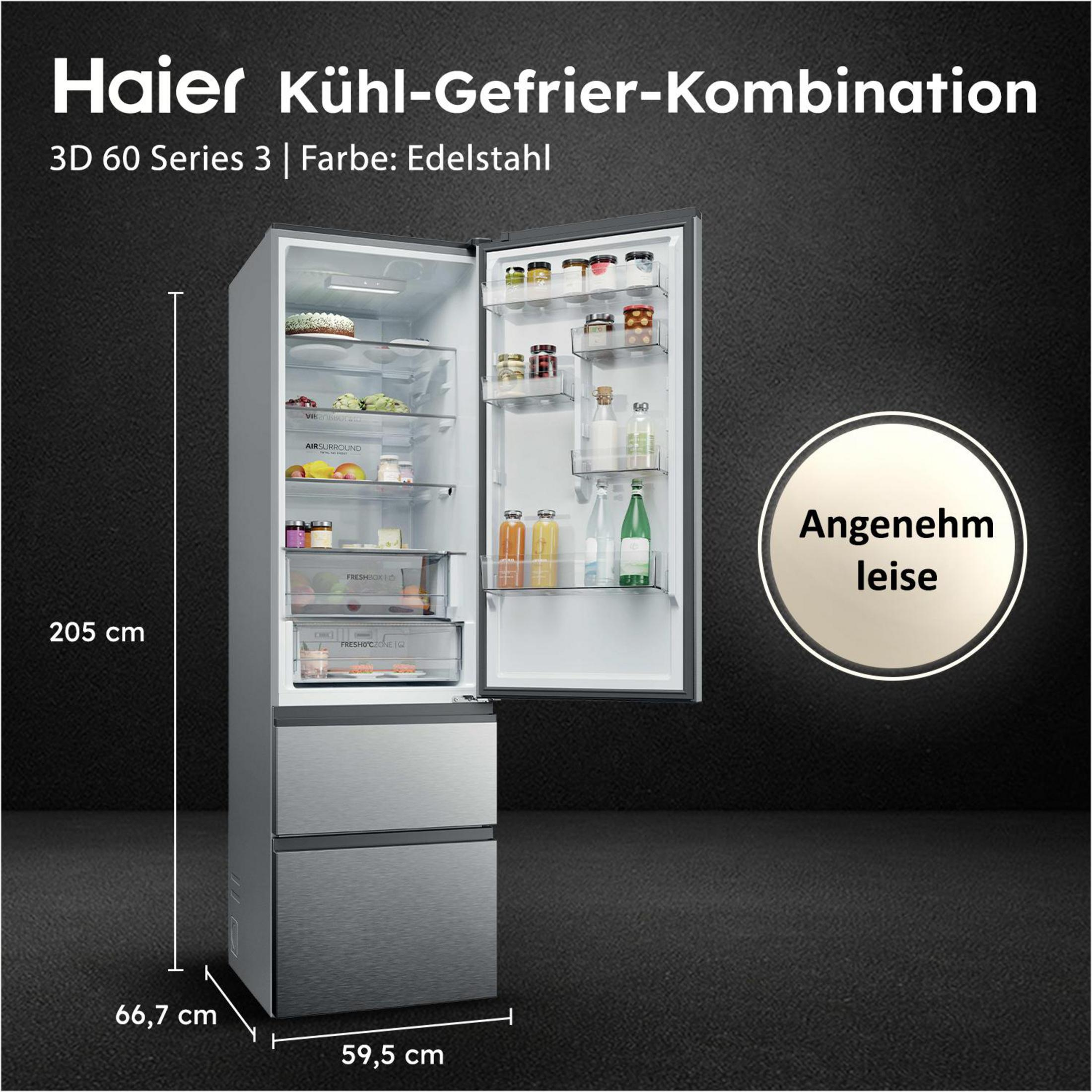Un refrigerador de acero inoxidable abierto con comida y dimensiones.