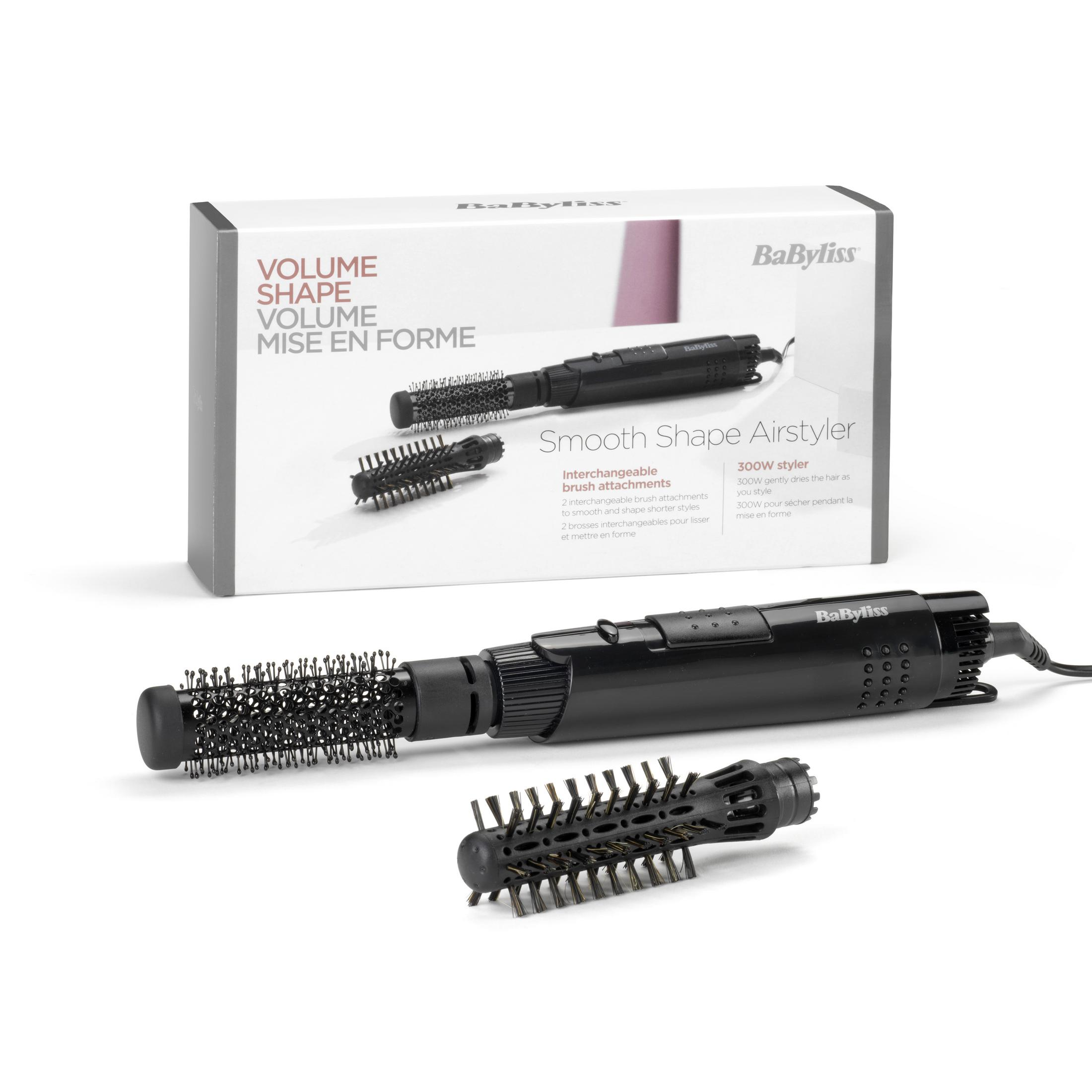 Un styler BaByliss nero con due accessori e la sua scatola.