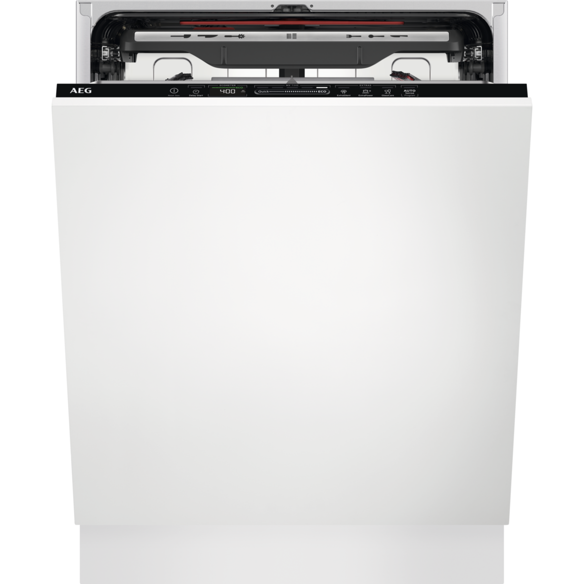 Un lavavajillas AEG blanco con el compartimento superior abierto y panel de control.