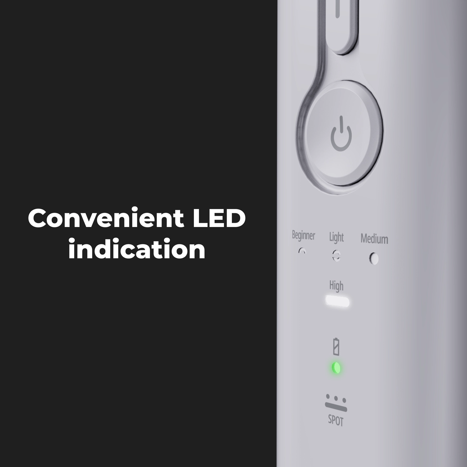 Close-up van een zilver apparaat met aan/uit-knop en LED-indicatoren voor instellingen.