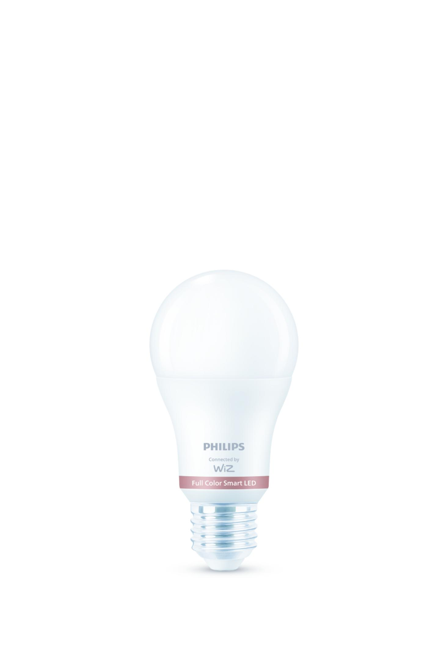 Una lampadina LED smart Philips Full Color bianca è mostrata su sfondo bianco.