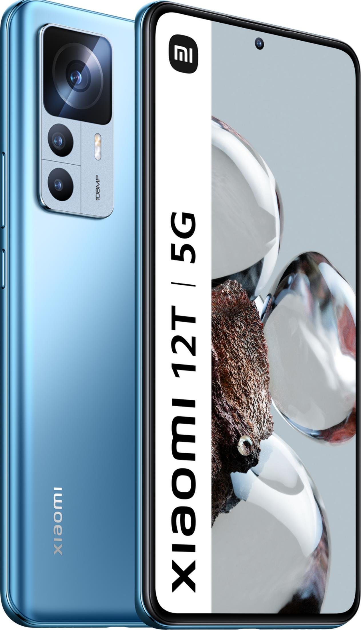 Un smartphone Xiaomi 12T 5G azul con cámara de 108MP y marco plateado.