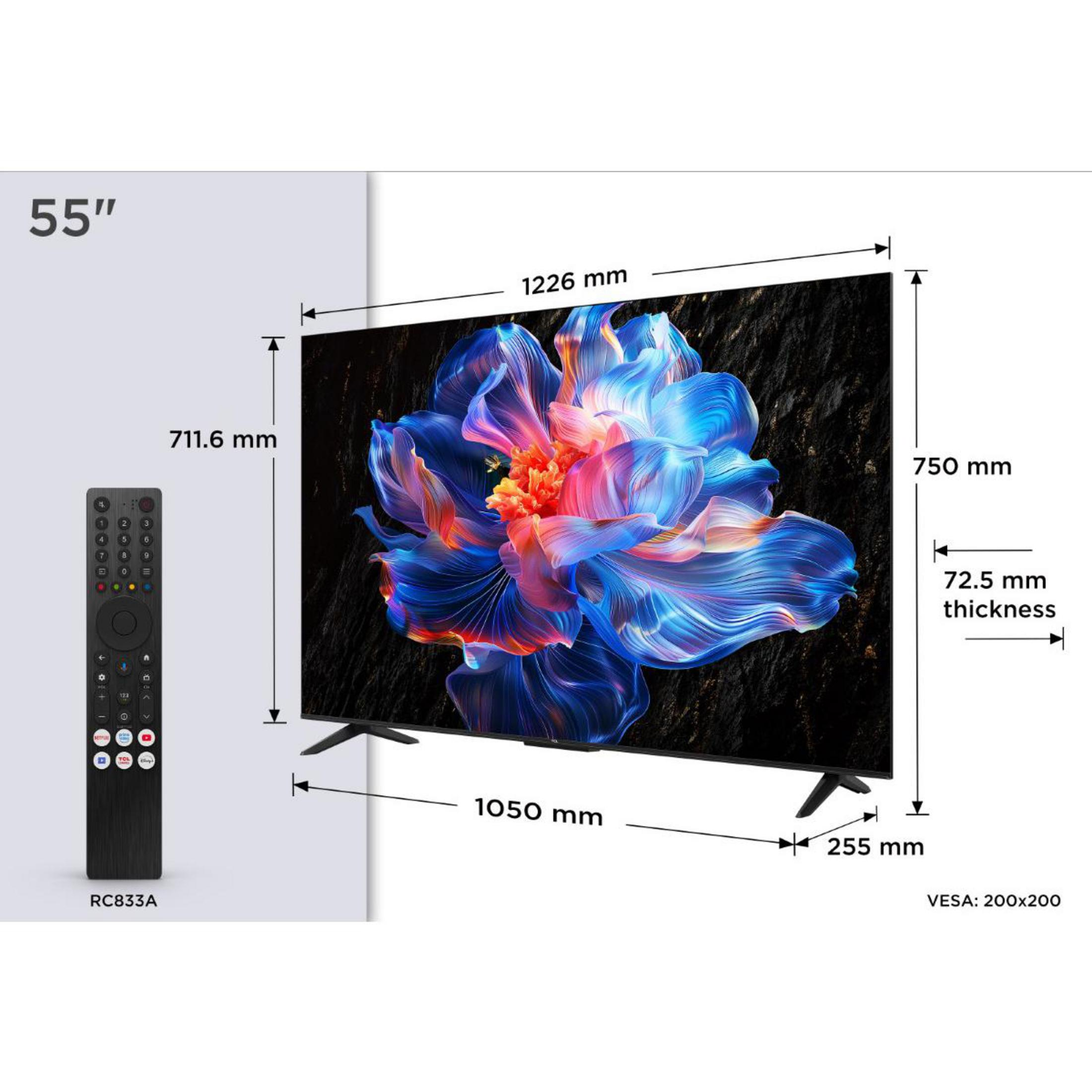 Ein 55-Zoll-Fernseher mit einem farbenfrohen Blumenbild, Fernbedienung und Maßen.