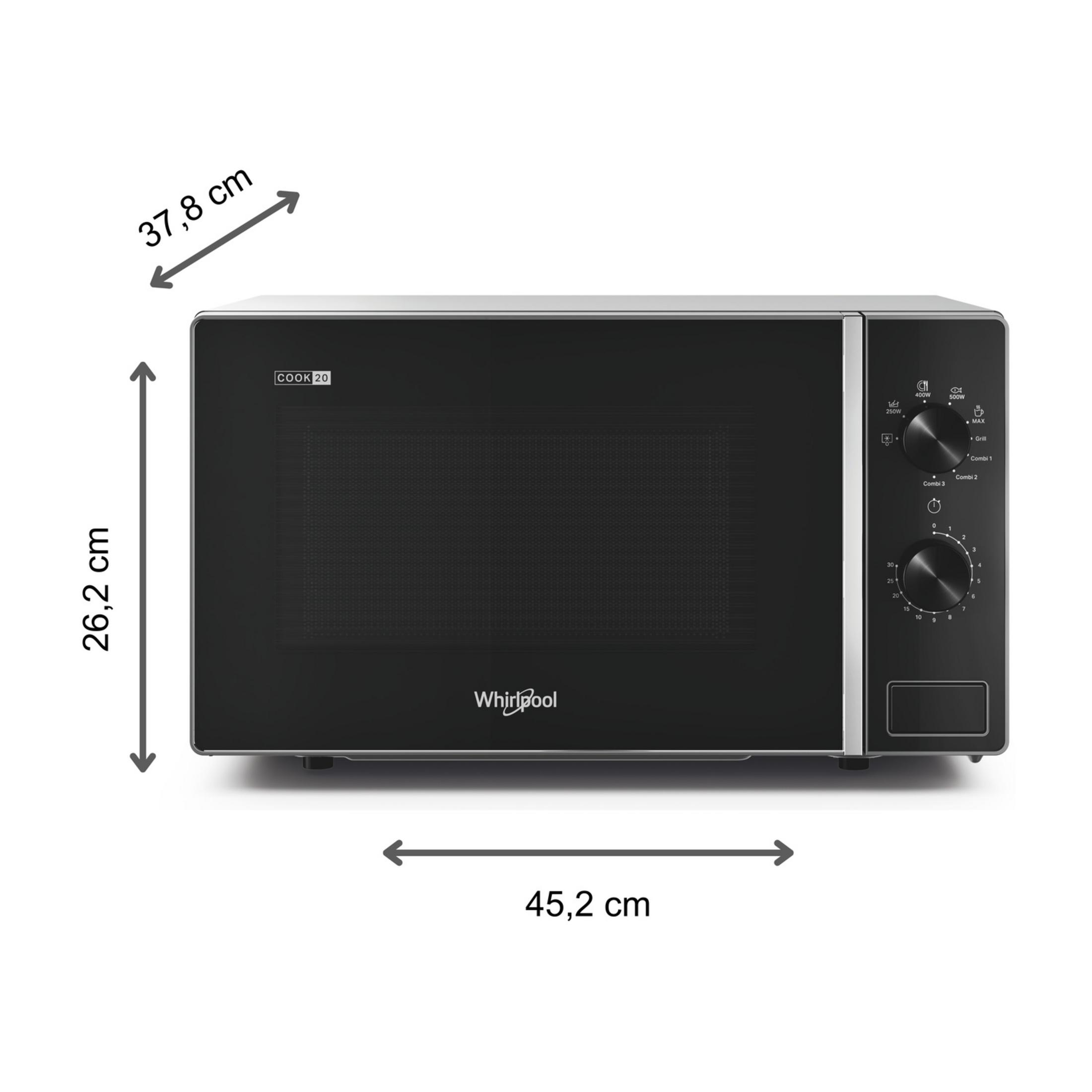 Microondas Whirlpool negra con medidas mostradas.