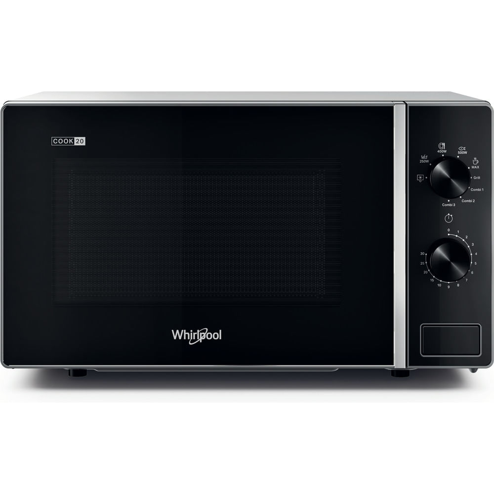 Microondas Whirlpool negra con borde plateado y diales de control.