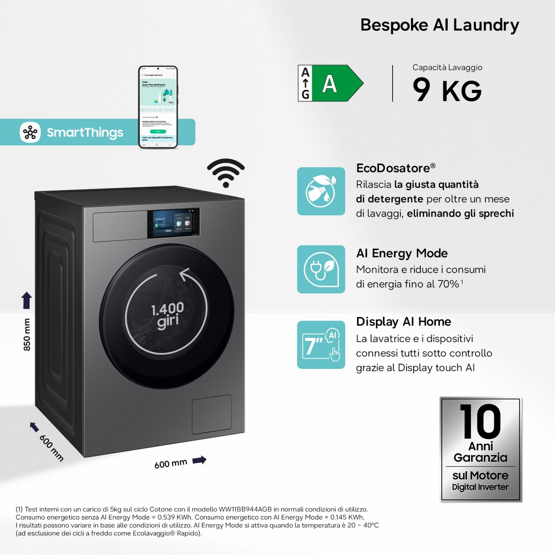 Lavatrice grigia con touchscreen, classe A, 9 kg, app SmartThings e 10 anni di garanzia.
